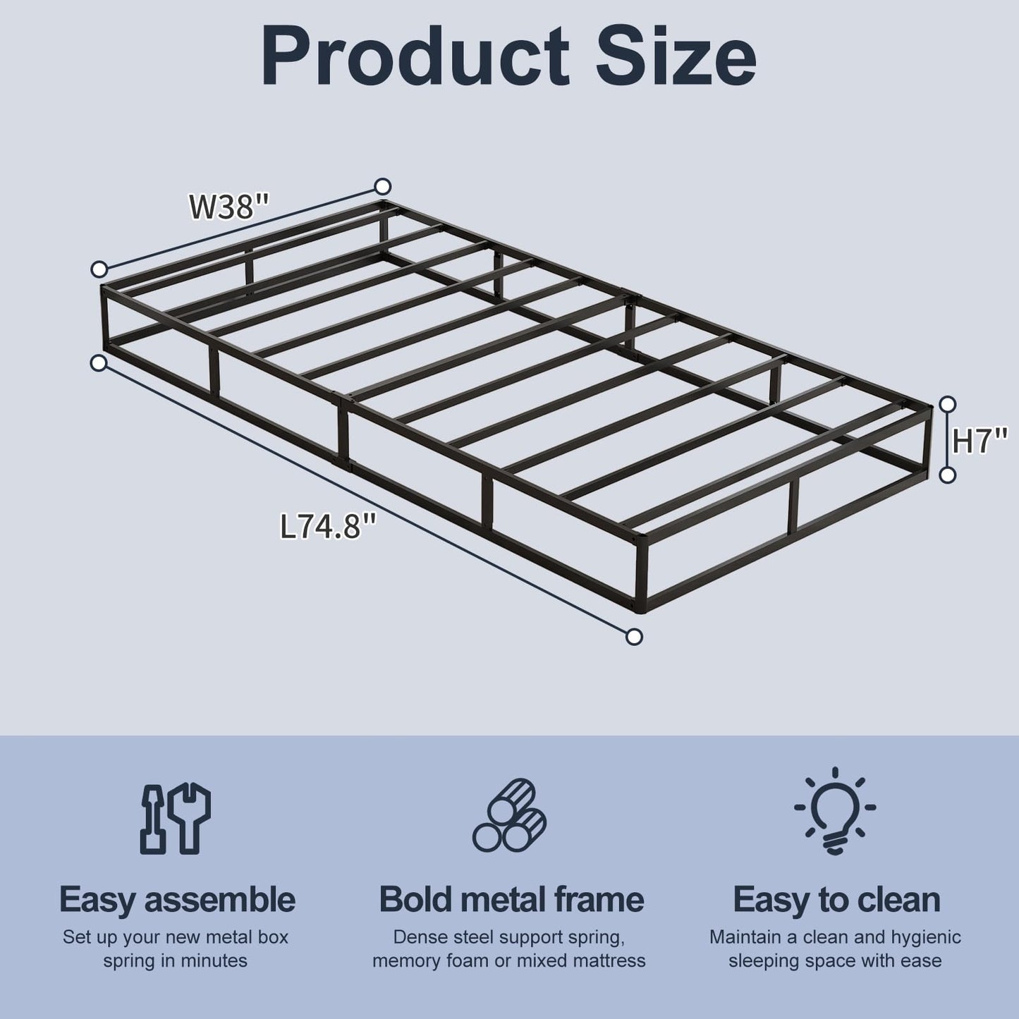 Arhomefurni Twin Box Spring, Heavy Duty Metal Frame Mattress Foundation with Fabric Cover, Easy Assembly, Noise-Free (7 Inch, Twin)