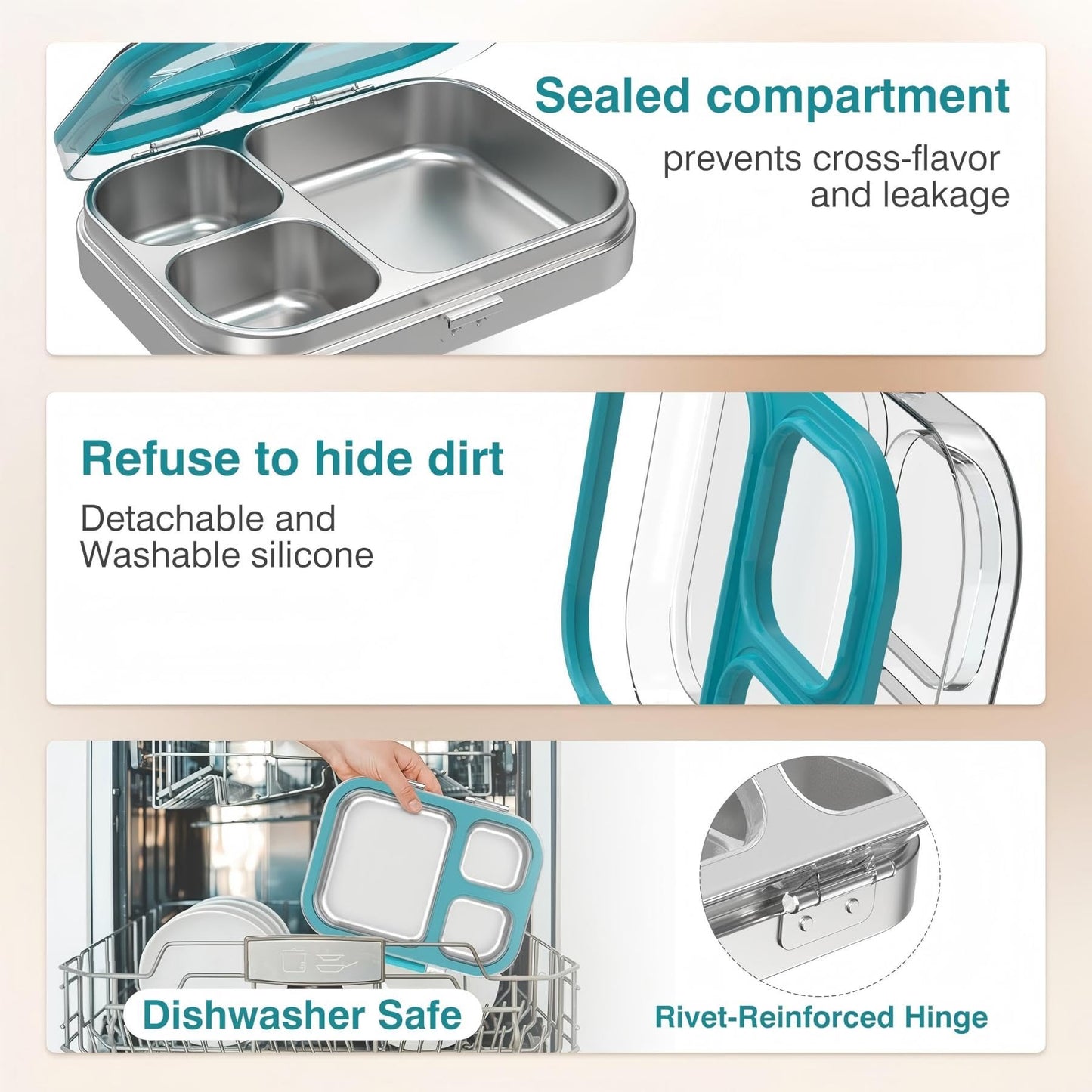 HOMEKOL Stainless Steel Bento Lunch Box, 3-Compartment Leak-Proof Lunch Container for Kids & Adults, BPA/BPS-Free 304 Metal Food Box, Dishwasher Safe, Clear Tritan Lid, Blue (Not Insulated)