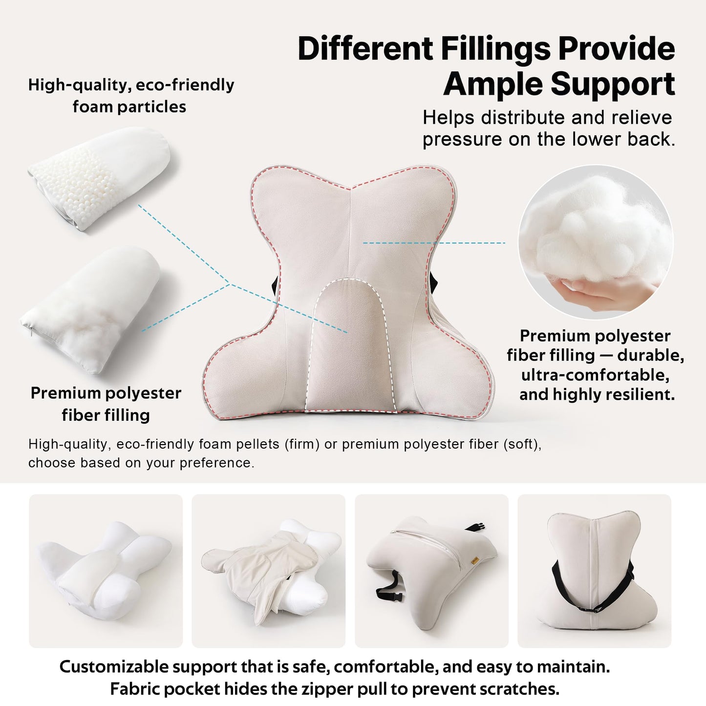 Ailuteie Lumbar Support Pillow(Pat. Pend) – Multi-Functional Ergonomic Back Cushion for Sofa Chair, Car Seat & Sofa, Reading Pillow with Firm Multi-Zone Support to Relieve Lower Back Pain, Misty White
