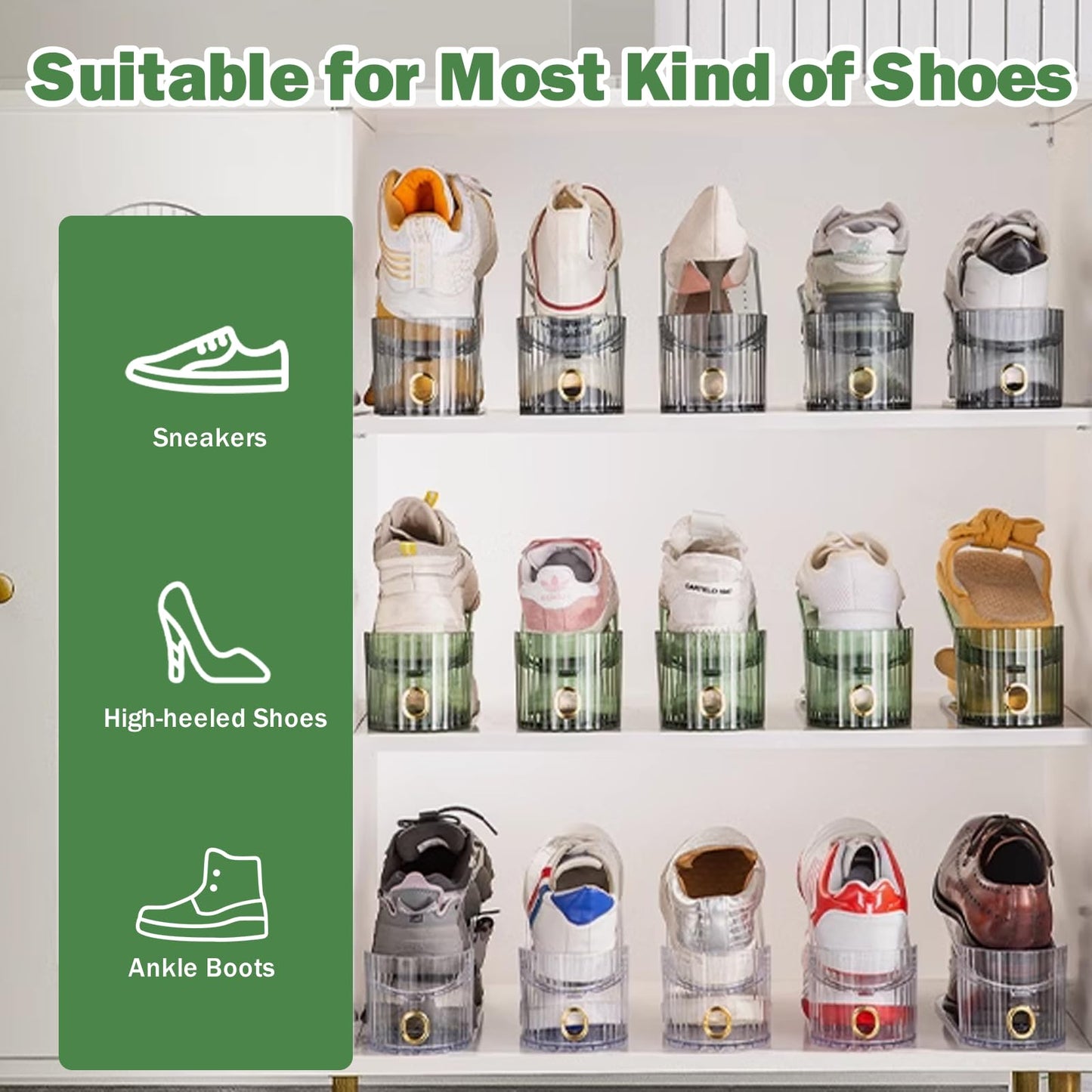 PureSprout Adjustable Slot Organizer for Pairs of Shoes, Space Saver, Double Deck Riser Rack, Closet Organizer (Clear, 20 Pack)