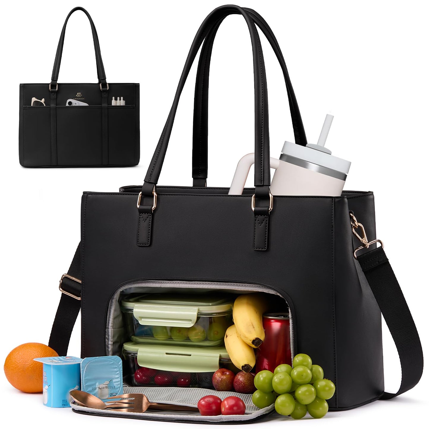LOVEVOOK Lunch Bag for Women, Leather Work Laptop Tote Bag with Insulated Lunch Compartment&Cup Holder, 15.6 Inch 2 in 1 Lunch Tote for Business, Teacher, Nurse, Office, College, Casual