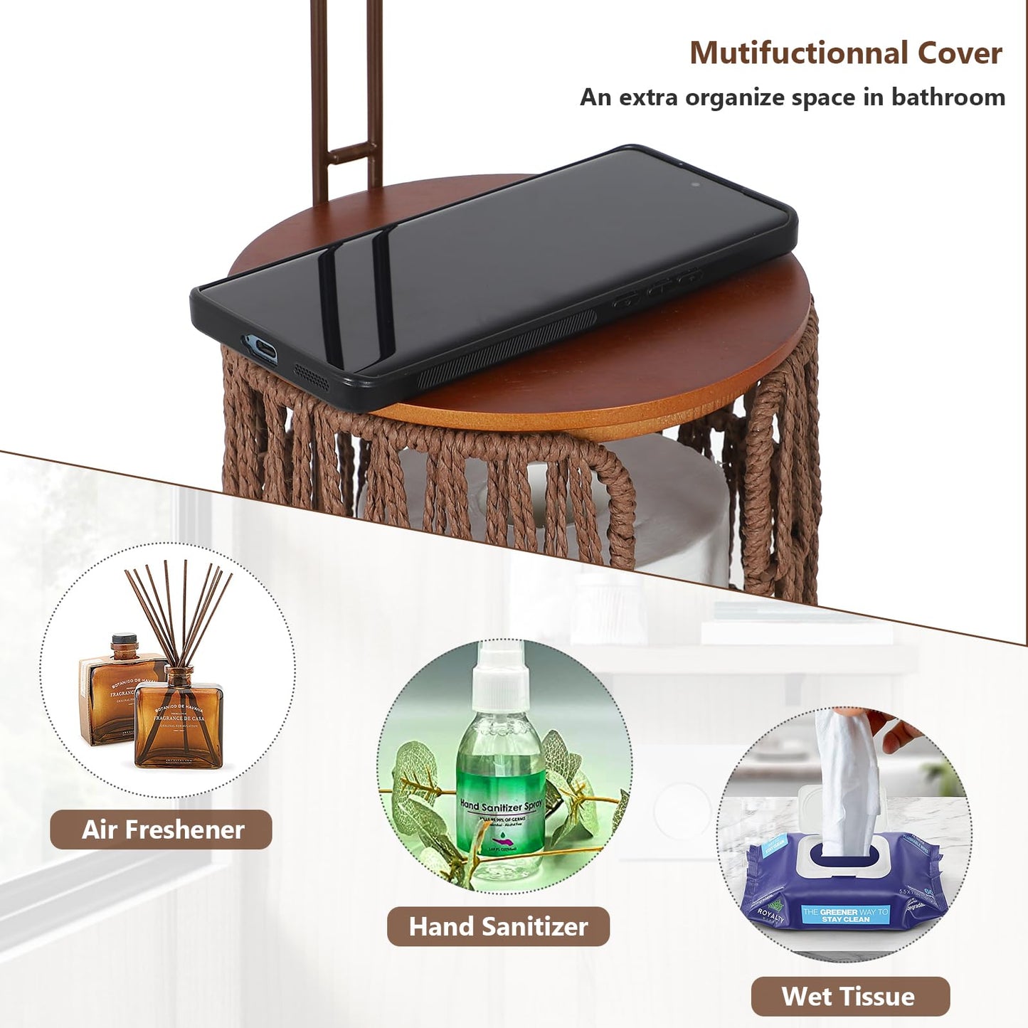 Trongee Freestanding Toilet Paper Holder with Storage,3 Rolls of Rattan Tissue Holder for Bathroom,Woven Toilet Paper Roll Holder Stand,Boho Bathroom Decor Farmhouse Toilet Paper Storage-Deep Brown