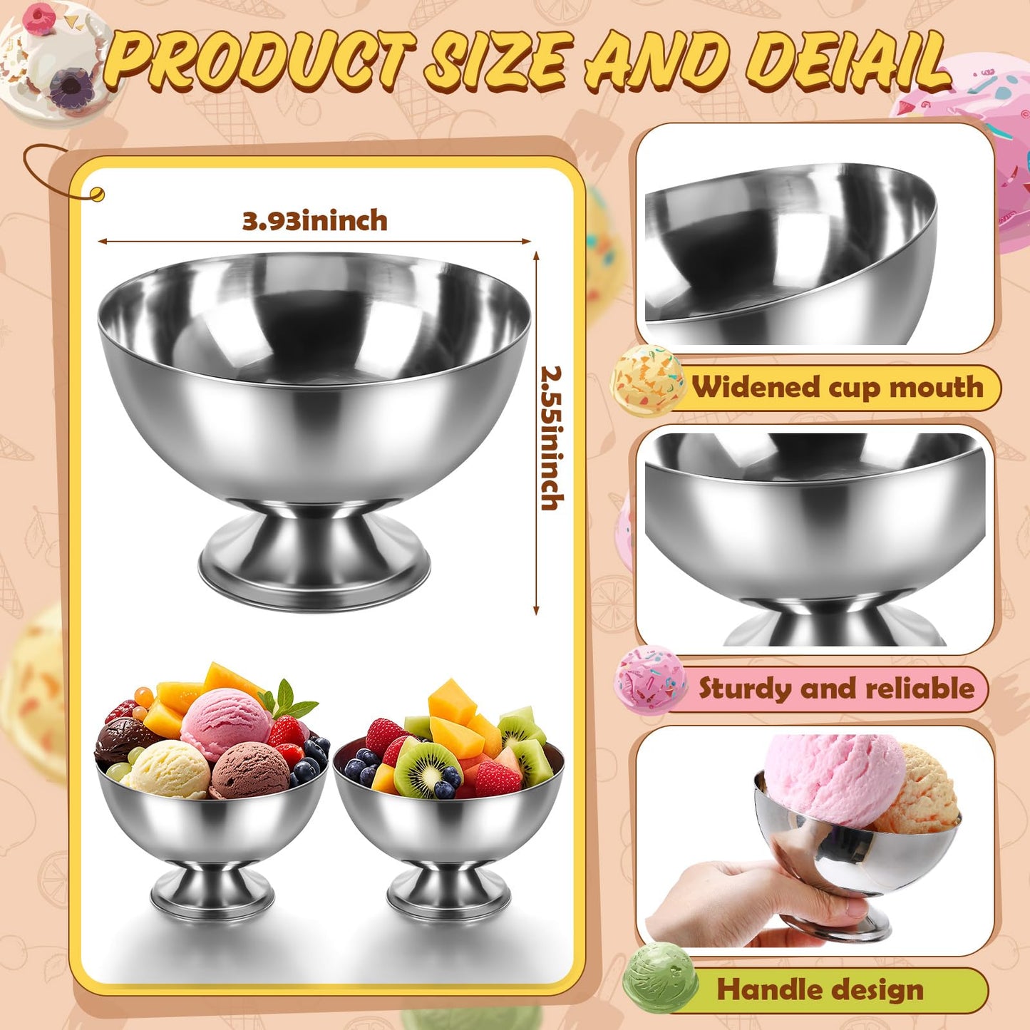 Honeydak 12 Set Stainless Steel Ice Cream Bowl with Forks Serving Dessert Cup Sauce Bowls Dish Metal Dessert Glasses Salad Holder Round Footed Yogurt Snack Candy Cups for Fruit Pudding(4 Inch)