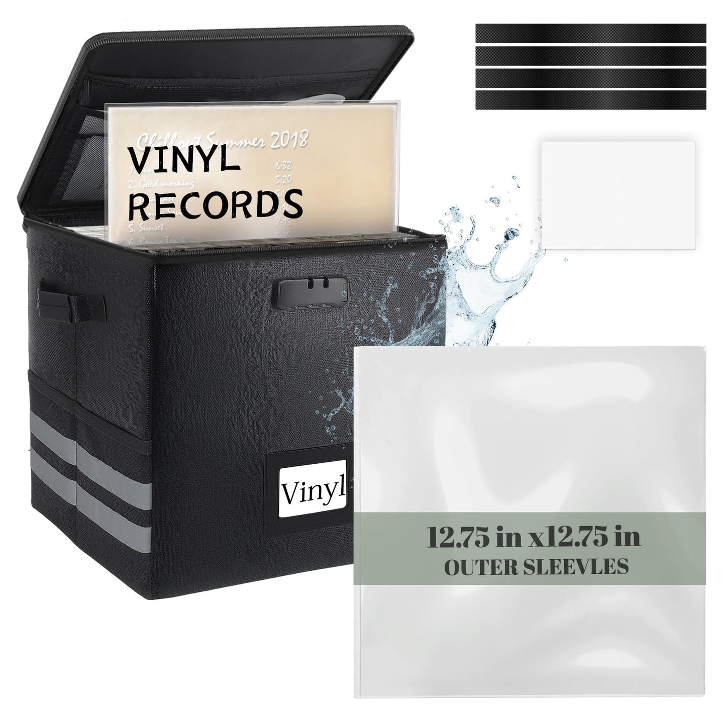 Vinyl Record Storage with 100 Record Sleeves, Fireproof & Water Resistant Record Organizer Box with Lock, Wrinkle-Free Vinyl Clear Sleeves Outer Protective Kits Covers 12.75" Albums 3 Mil Thick