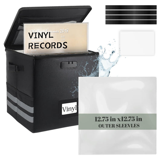 Vinyl Record Storage with 100 Record Sleeves, Fireproof & Water Resistant Record Organizer Box with Lock, Wrinkle-Free Vinyl Clear Sleeves Outer Protective Kits Covers 12.75" Albums 3 Mil Thick