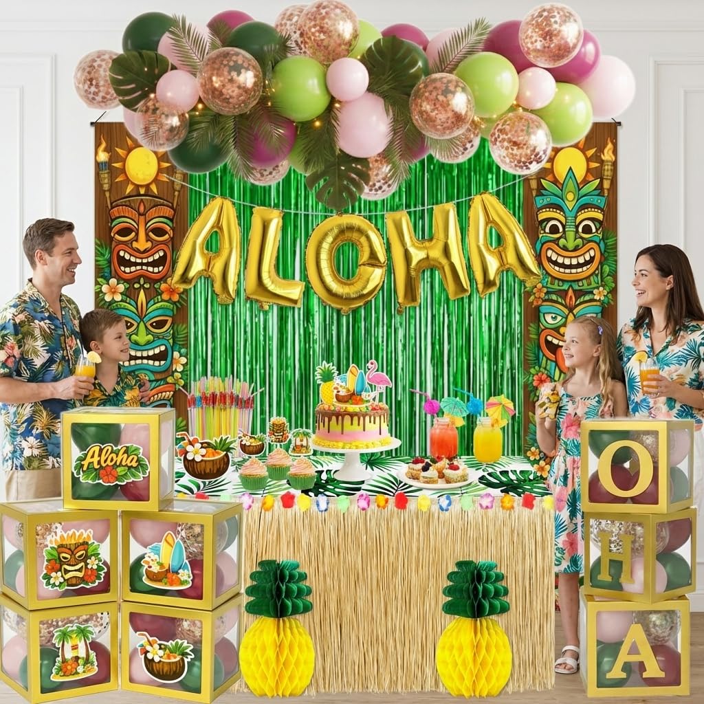 169 PCS Luau Party Decorations, Hawaiian Party Supplies - "ALOHA" Balloons, Hawaiian Boxes, Balloon Arch Garland Kit, Fringe Curtains, Palm Leaf, Table Cloth and Skirt