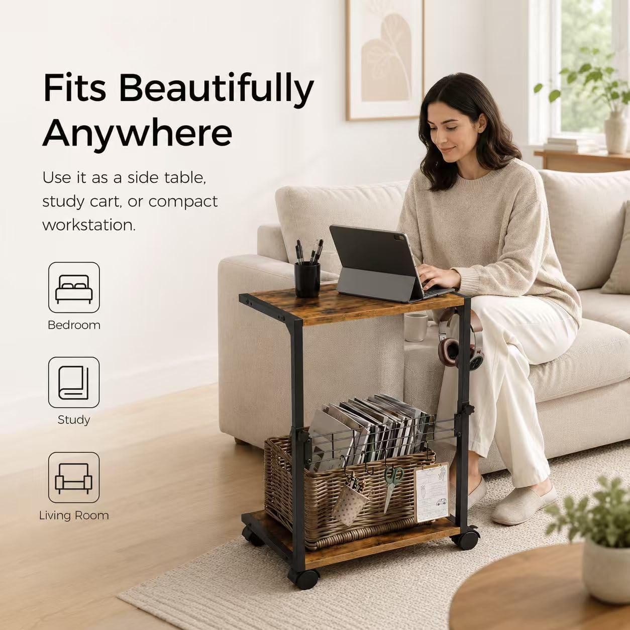 ZIIWIND PC Stand with Charging Station, Height Adjustable Computer Tower Stand, 19.7"-31.5" H, Computer Cart with Wheels and Hooks, CPU Holder for Floor, Carpet and Under Desk, Rustic Brown