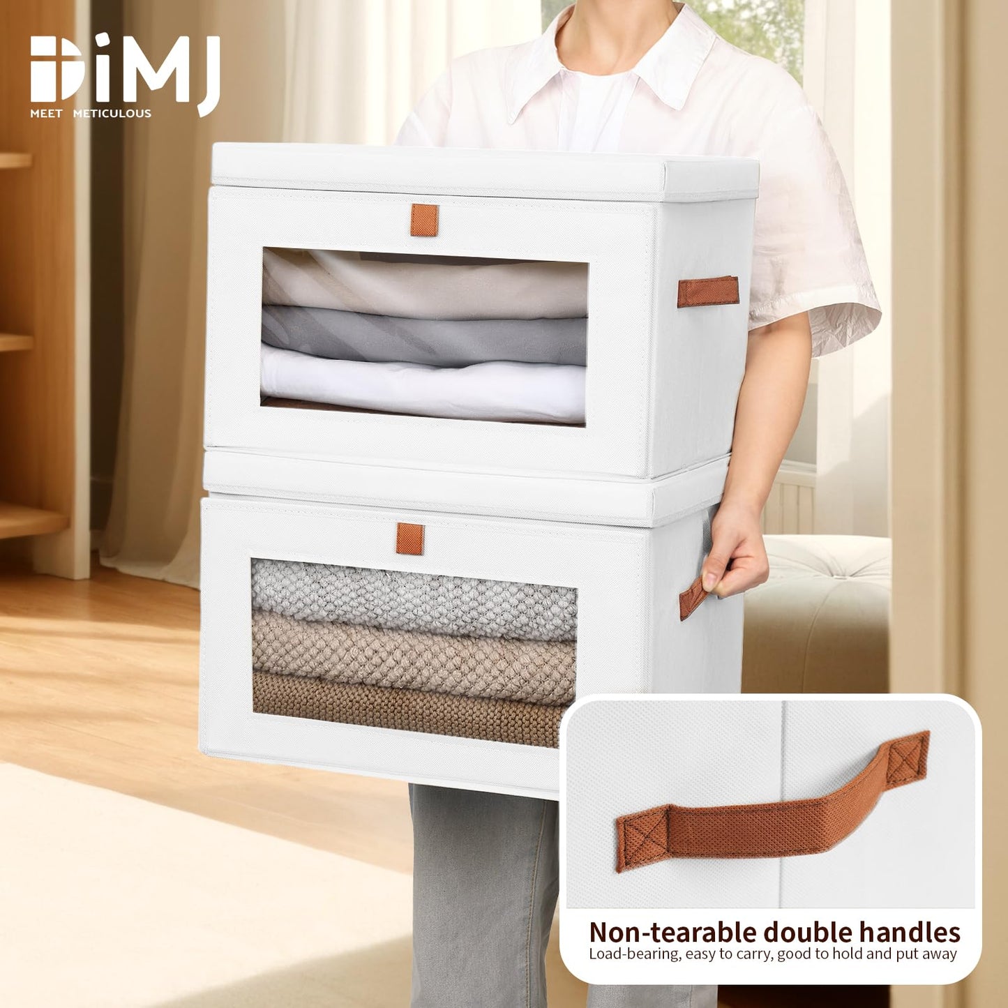 DIMJ Storage Bins with Lids - 4 Pack Large Fabric Closet Organizer with Window & Handles, Collapsible Decorative Storage Boxes for Shelves Under Bed, Books Clothes Blankets Sweaters Organization