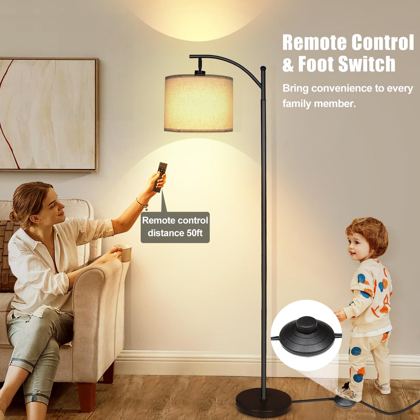 mukuxin LED Floor Lamps for Living Room, 12W 1200LM Modern Arc Floor Lamp with Remote & Adjustable Linen Lampshade, 12 Color Temperature Stepless Dimmable Tall Standing Lamp (Beige)