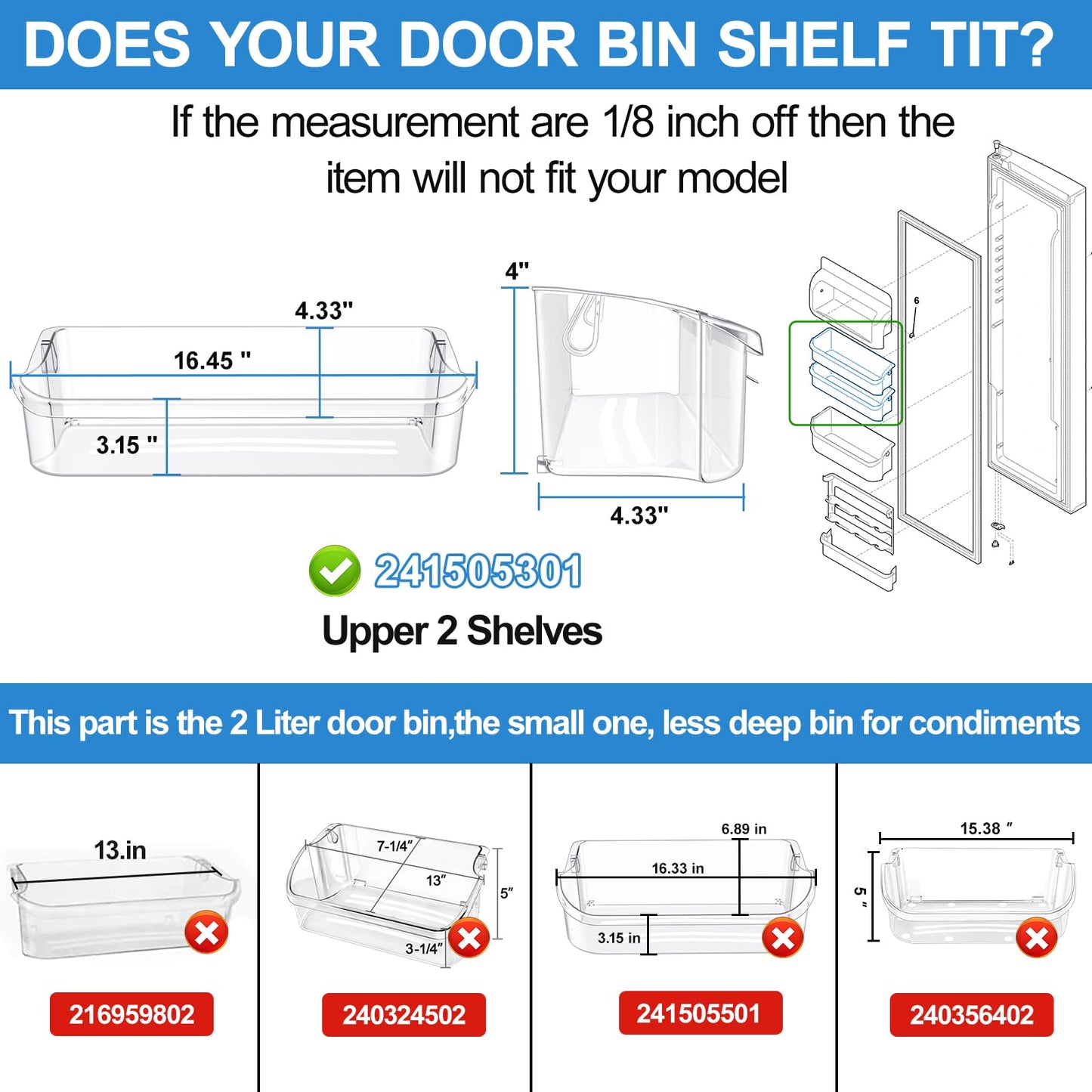 [2 PACK] 241505301 Refrigerator Door Bin Compatible with Frigidaire Gallery Door Shelf 241505300 Frigidaire Door Shelf Replacement PS976745 240430319 FGSC2335TFB FFSC2323TSA FFSC2323TS0 Door Bin