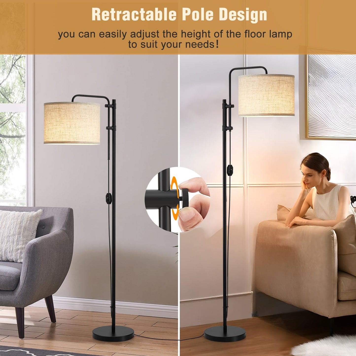 GyroVu Floor Lamp for Living Room, Adjustable Height Standing Lamps with 350° Rotate Beige Lampshade, 67.5-Inch Modern Tall Lamp Dimmable Floor Lamps for Corner Bedroom Home Office (Bulb Included)
