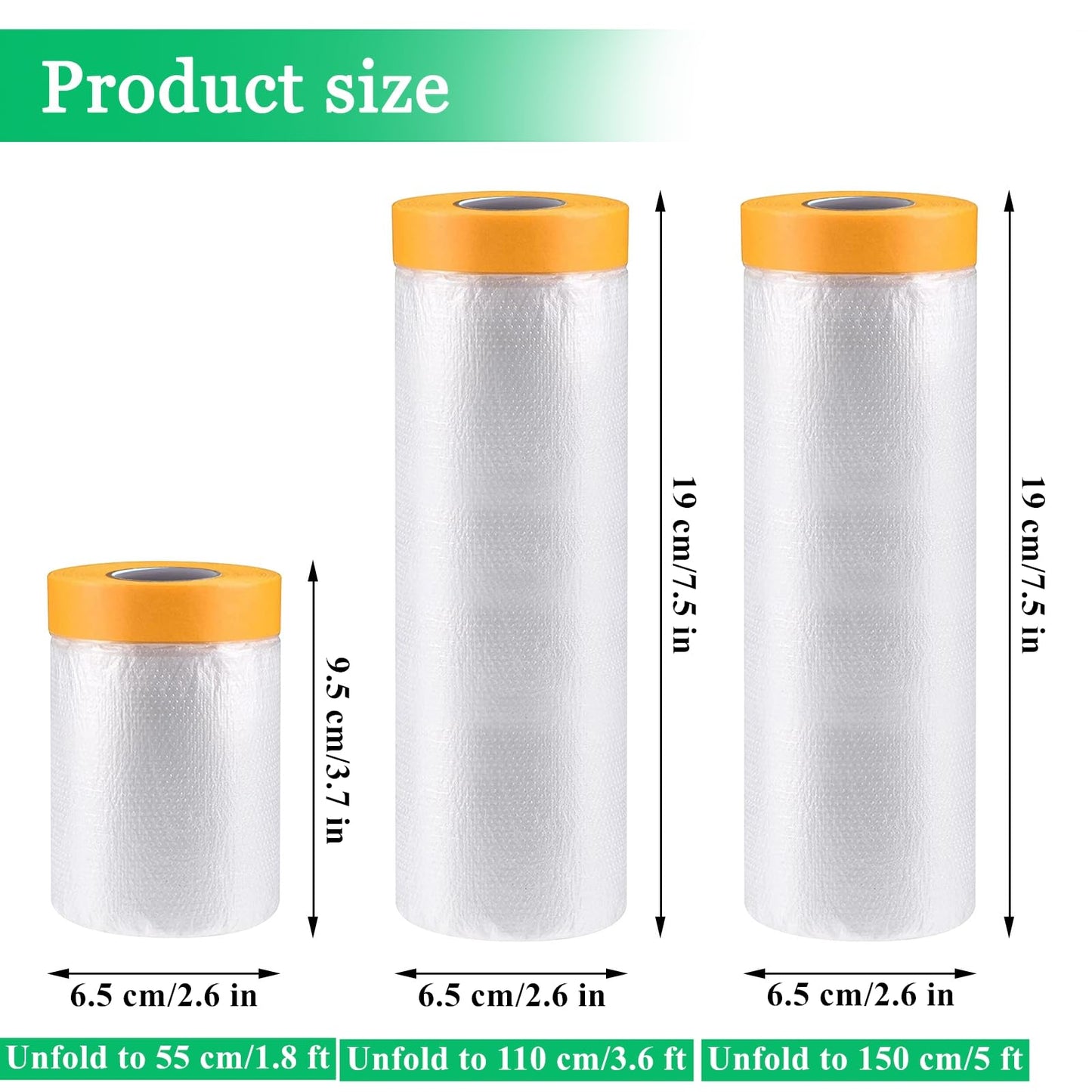 KUANVE 12 Pack Tape and Drape, 3 Sizes Pre-Taped Masking Film Plastic Sheeting Cover Roll, 65.6 Ft/Pack Automotive Painters Masking Tape Film for Furniture, Floor, Skirting