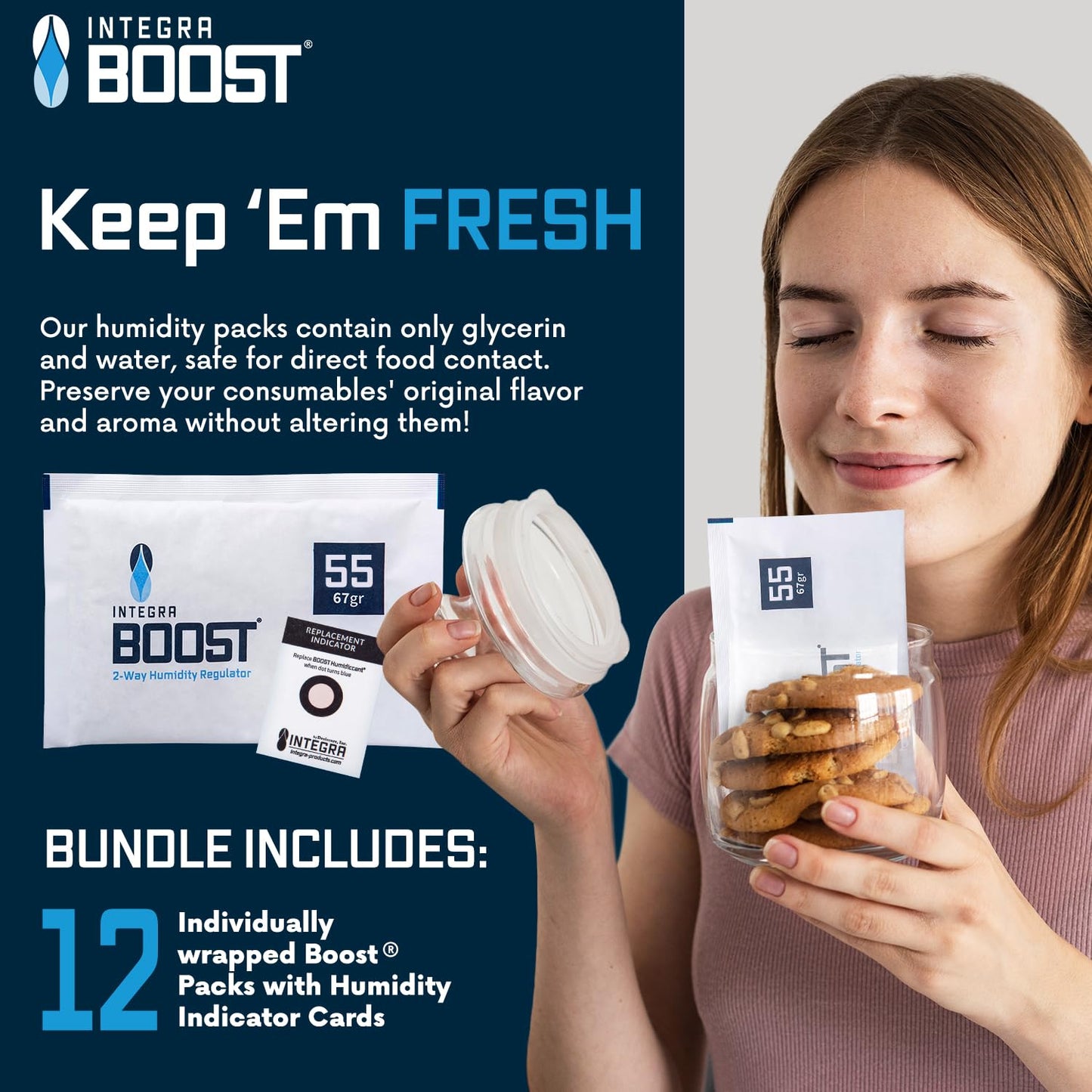 Integra Boost - 55% RH Level - 67 Gram Size - Two-Way Humidity Control Pack - Incl. Replacement Indicator Cards - Food Storage & Herbs Moisture Balancer For Up to 1 lb (Pack of 6)