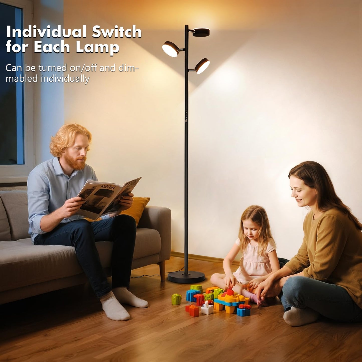 Benaep Tree Floor Lamp for Living Room - Modern Black Standing Lamp, LED Floor Light with Remote & Touch, 3000K-6000K Dimmable for Bedroom Office Reading (3 Head)