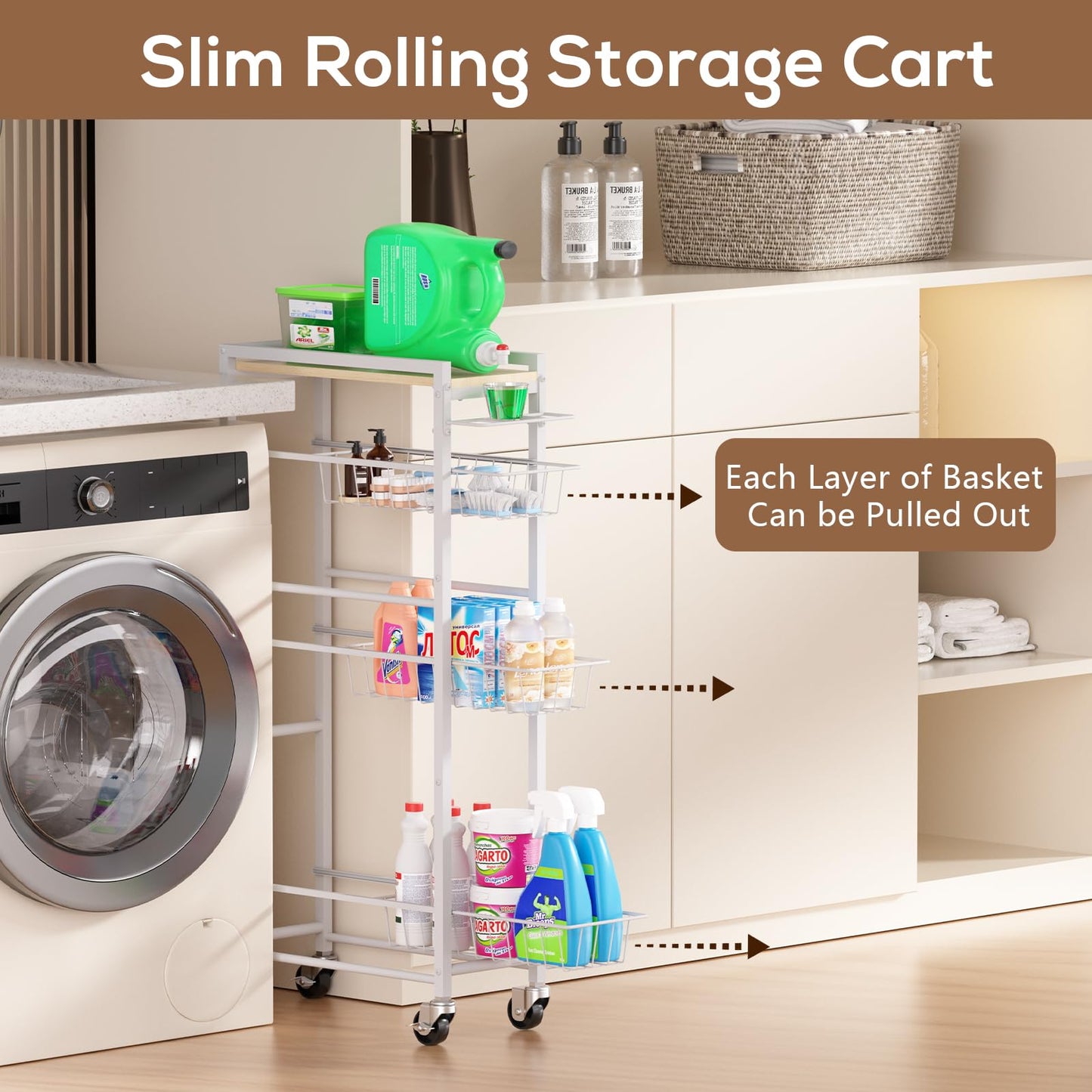 PAPAGIFTREE 4 Tier Slim Rolling Storage Cart with Pull-Out Baskets, Narrow Sliding Storage Slim Laundry Cart Slim Rolling Kitchen Cart