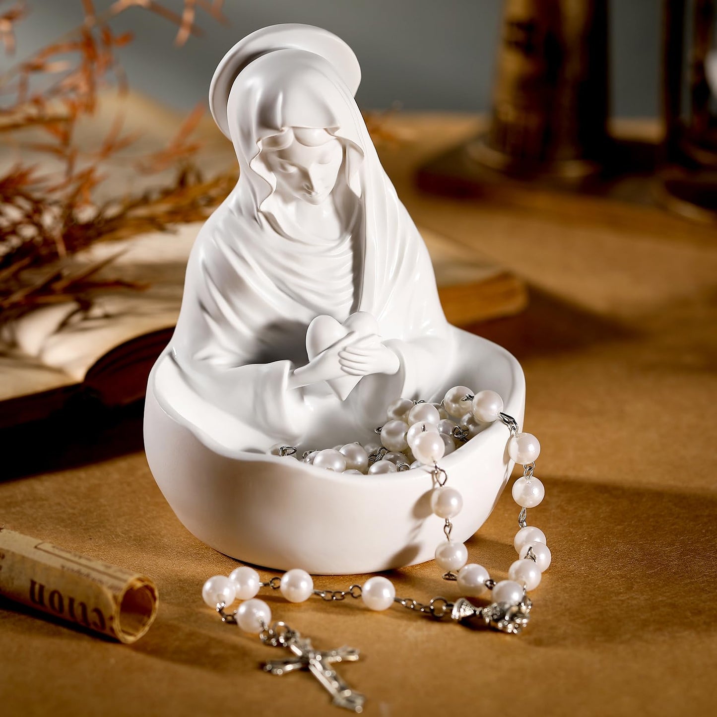 Lineshading Our Lady of Grace Statue Virgin Mary Keepsake Rosary Holder, 5" Blessed Mother Statues, Resin Relic, Catholic Gifts for Women Religious Home Decor