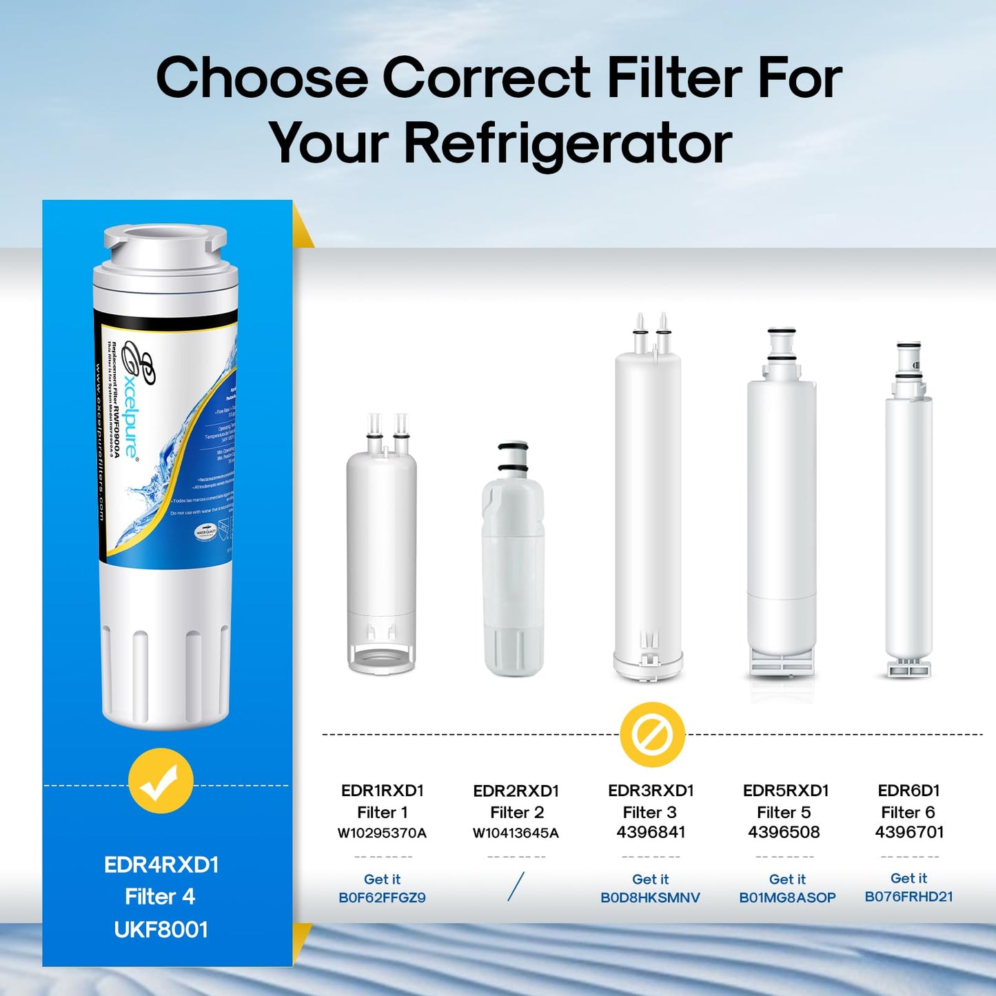 EXCELPURE UKF8001 Replacement for Whirlpool FILTER 4, EDR4RXD1, 4396395, WRX735SDBM00, RWF0900A, EFF-6007A, MFI2568AES, MFI2569VEM, RFC0900A, WF295, PURICLEAN II, Refrigerator Water Filter, 4PACK