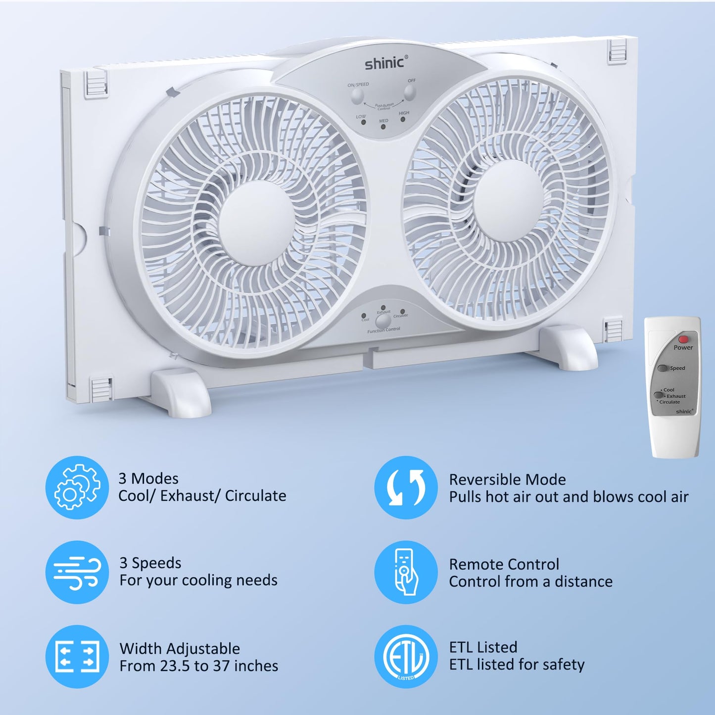 shinic 9" Twin Window Fan with Remote,ETL Certified Reversible Airflow Exhaust Fan for Home,3 Speeds 3 Modes Air Circulator with Bug Screen,Fits Windows 24"-37" White
