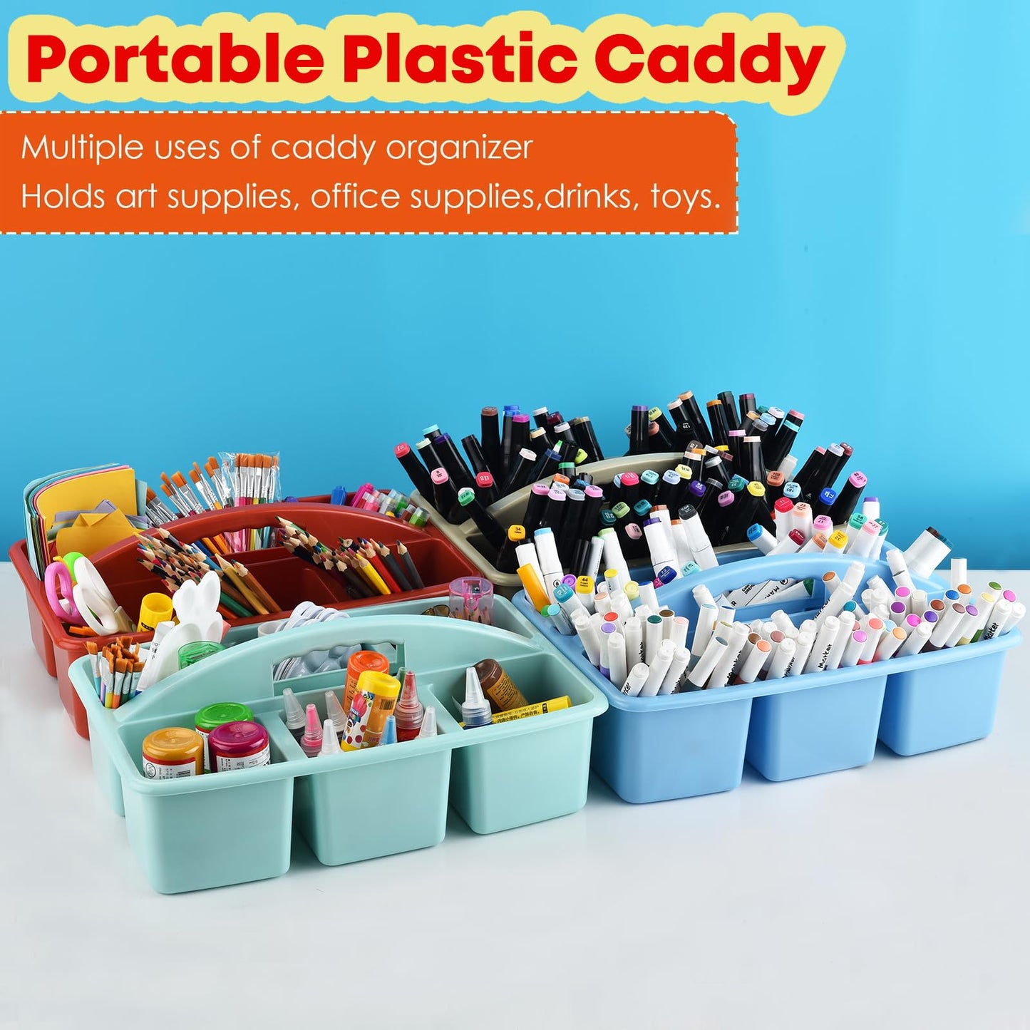 ALINK Plastic Classroom Caddy with 6 Compartments, 6-Pack Teacher Supply Storage Caddy Organizer for Classroom Supply, Office, Table, Desk, Craft Art, Pencil, Crayon, Marker - Macaron