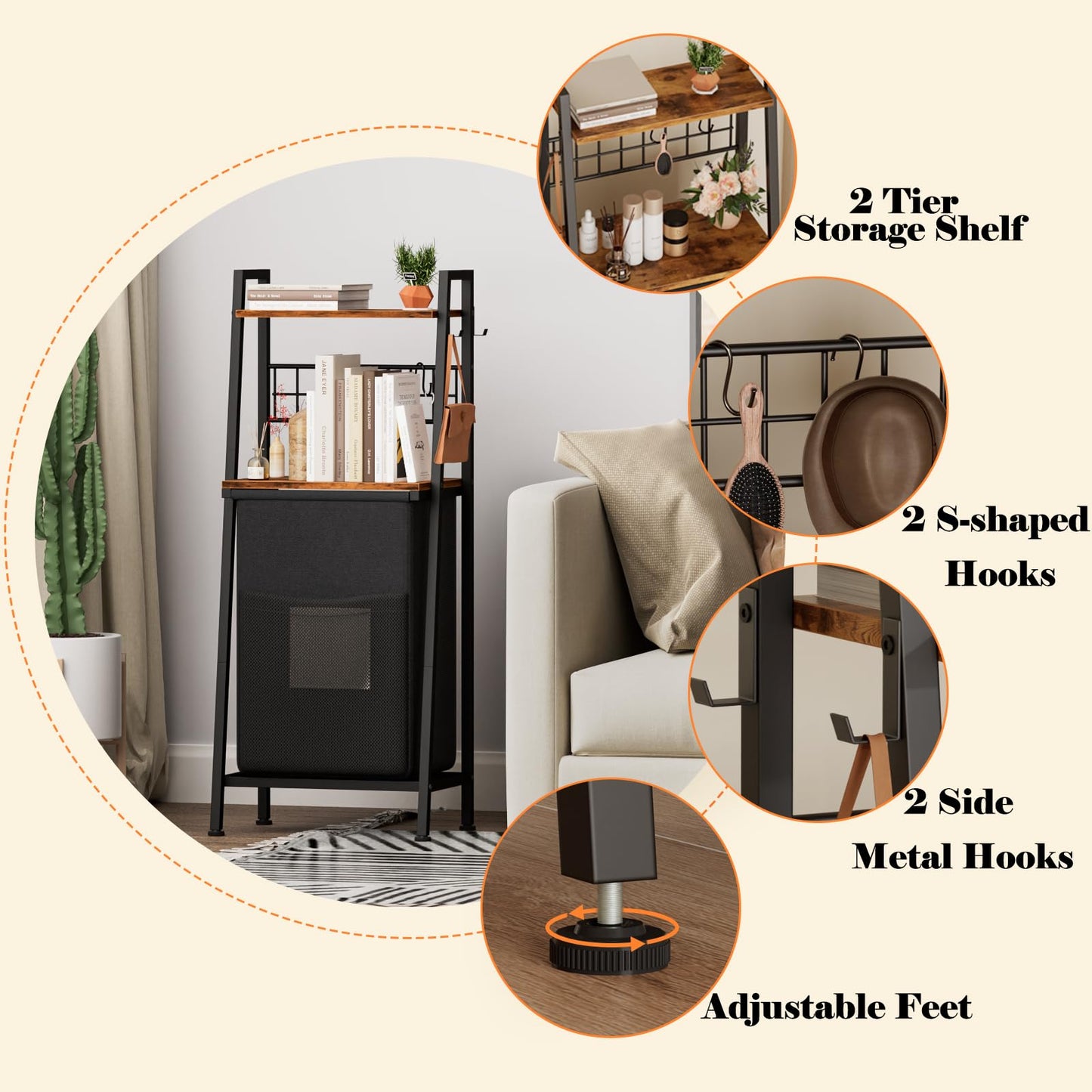 Furnulem Laundry Hamper, Vertical Laundry Basket with 2 Tiers Wooden Shelf and Hooks, Clothes Hamper with Pull-Out and Removable Bag for Bathroom, Bedroom, Dorm, 13.21 Gallons (50L)