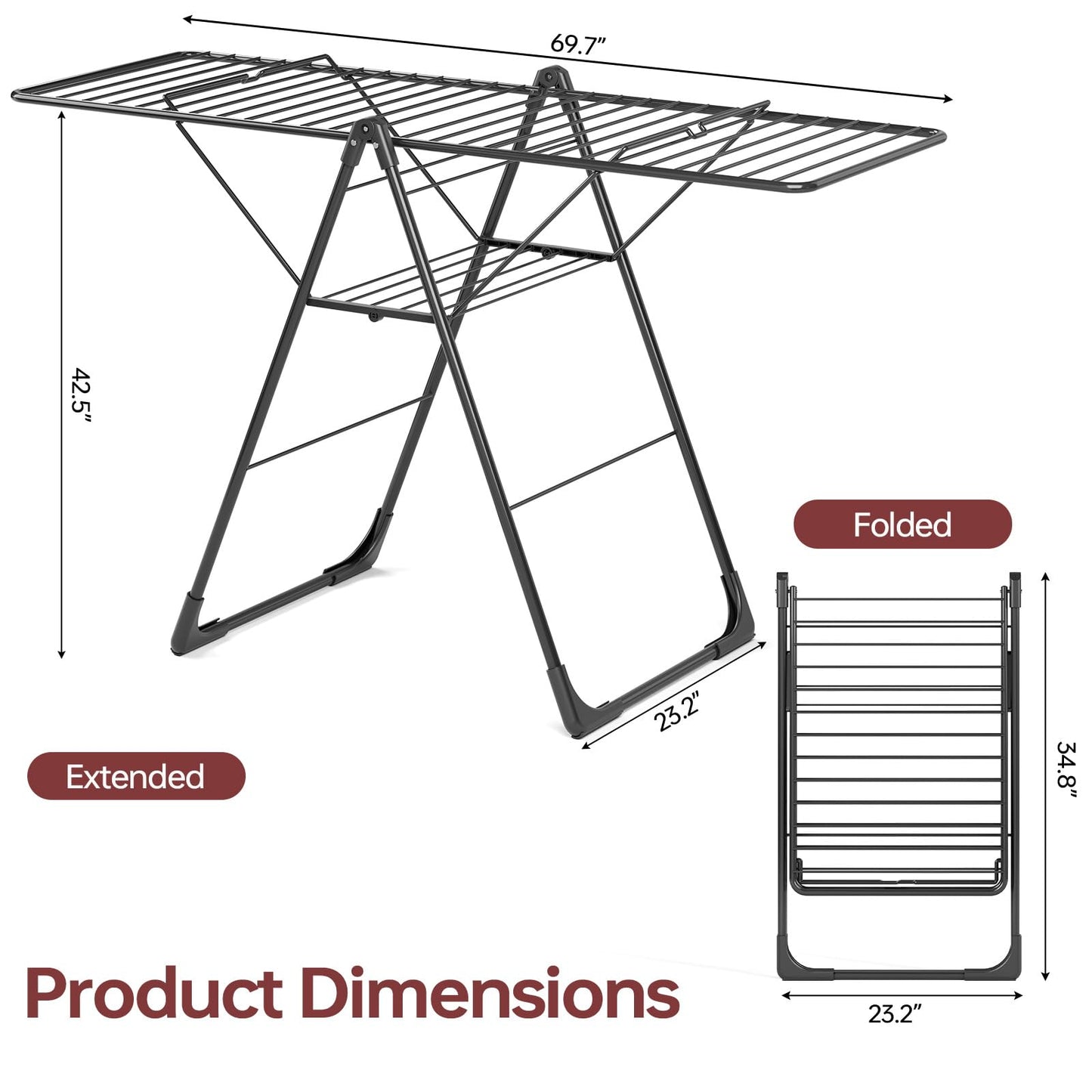 APEXCHASER Clothes Drying Rack, Foldable Oversized Drying Rack Clothing with L-Shaped Foot Cover, Height-Adjustable, Multi-Bar Laundry Rack, Indoor Outdoor Use, 20.4" D x 70" W x 42.52" H, Jet Black