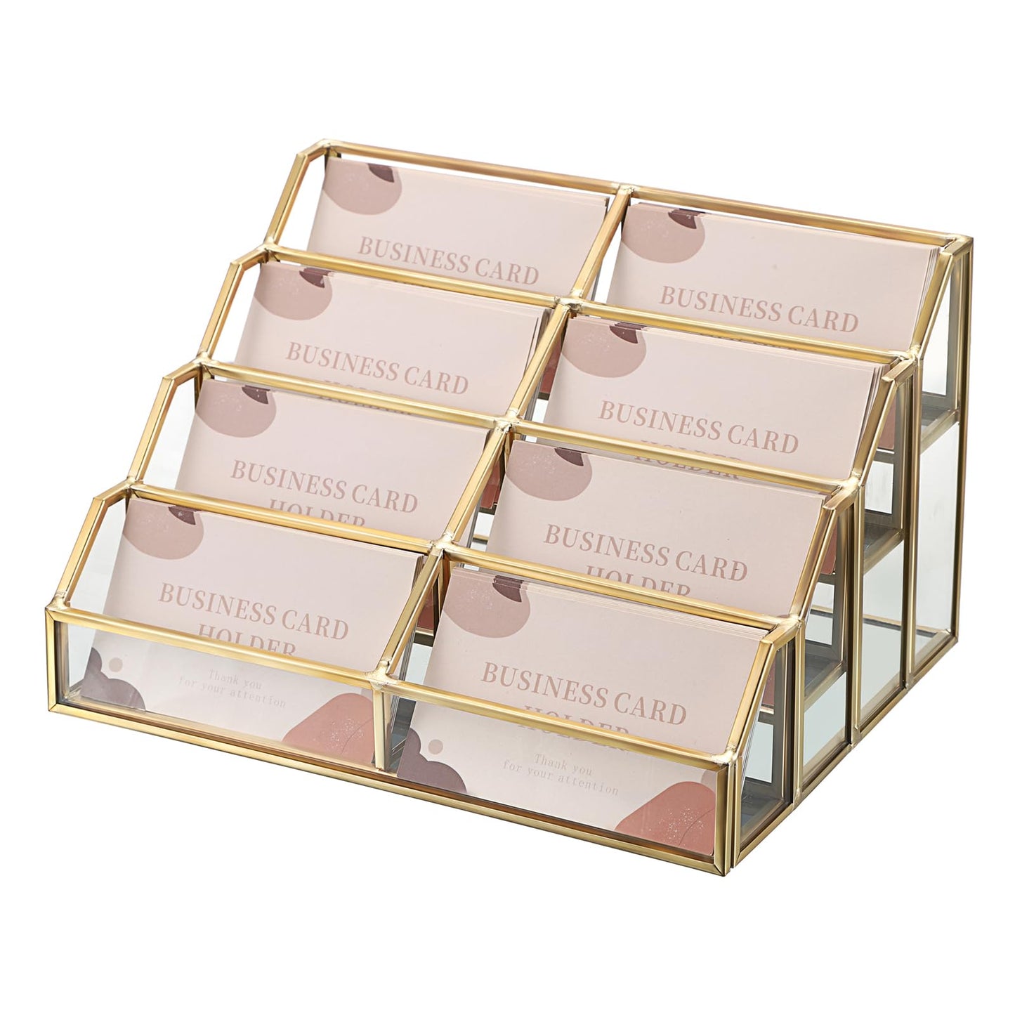 Hipiwe Mirrored Glass Business Card Holder Gold Business Card Display Stand for Desk Multiple Clear Business Card Holder Display for Office Desktop Cards Display Stand for Women Men, 8 Slots