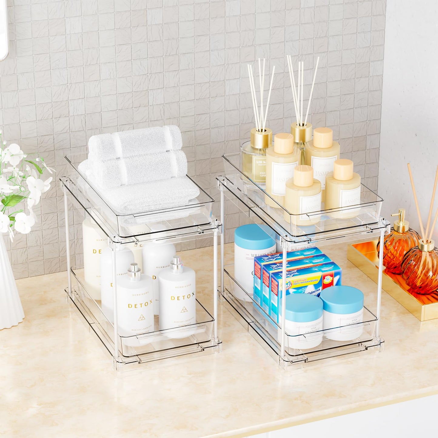 Yieach 4 Pack Under Sink Organizers and Storage,Clear Acrylic Bathroom Organizer and Cabinet Organization for Makeup,Medicine,Two Tier Pull Out Cabinet Organizer Drawers for Pantry,Vanity Storage Bins