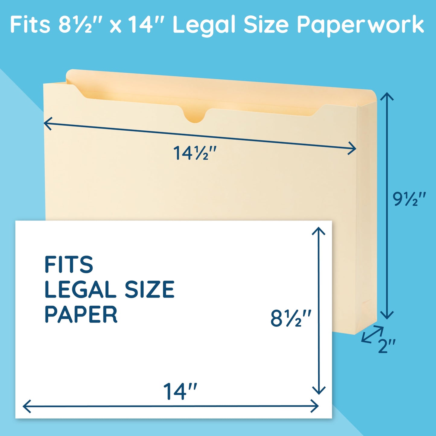 Blue Summit Supplies 2 Inch Manila File Jackets, Reinforced Straight Cut Tab, Heavy Duty 2 Inch Expansion Pocket, Legal Size, 50 Pack