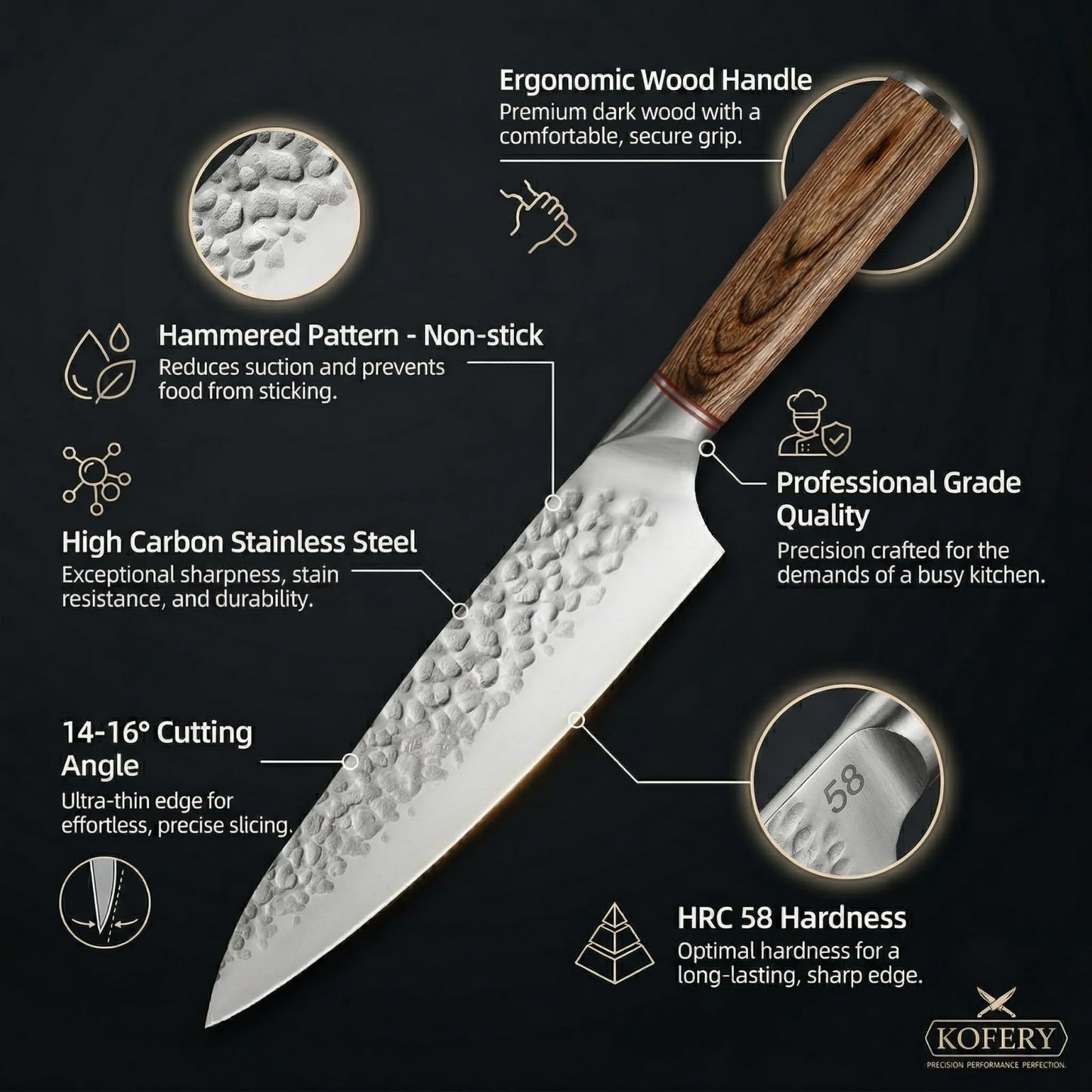 KOFERY 3 Piece Hammered Knife Set with Honing Steel & Bag, Forged High Carbon Steel Blades for Meat Cutting, Outdoor Cooking, BBQ, Culinary School Starter Kit for Student Chef
