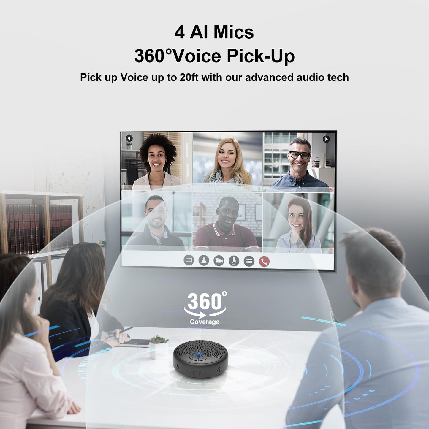 BALILA CM900 Conference Speaker and Microphone, 4 AI Mics 360° 20ft (7m) Voice Pickup, Noise Reduction, USB C & Bluetooth 5.3 (20m & 66ft) Speakerphone for 16 People, Compatible with Leading Platforms