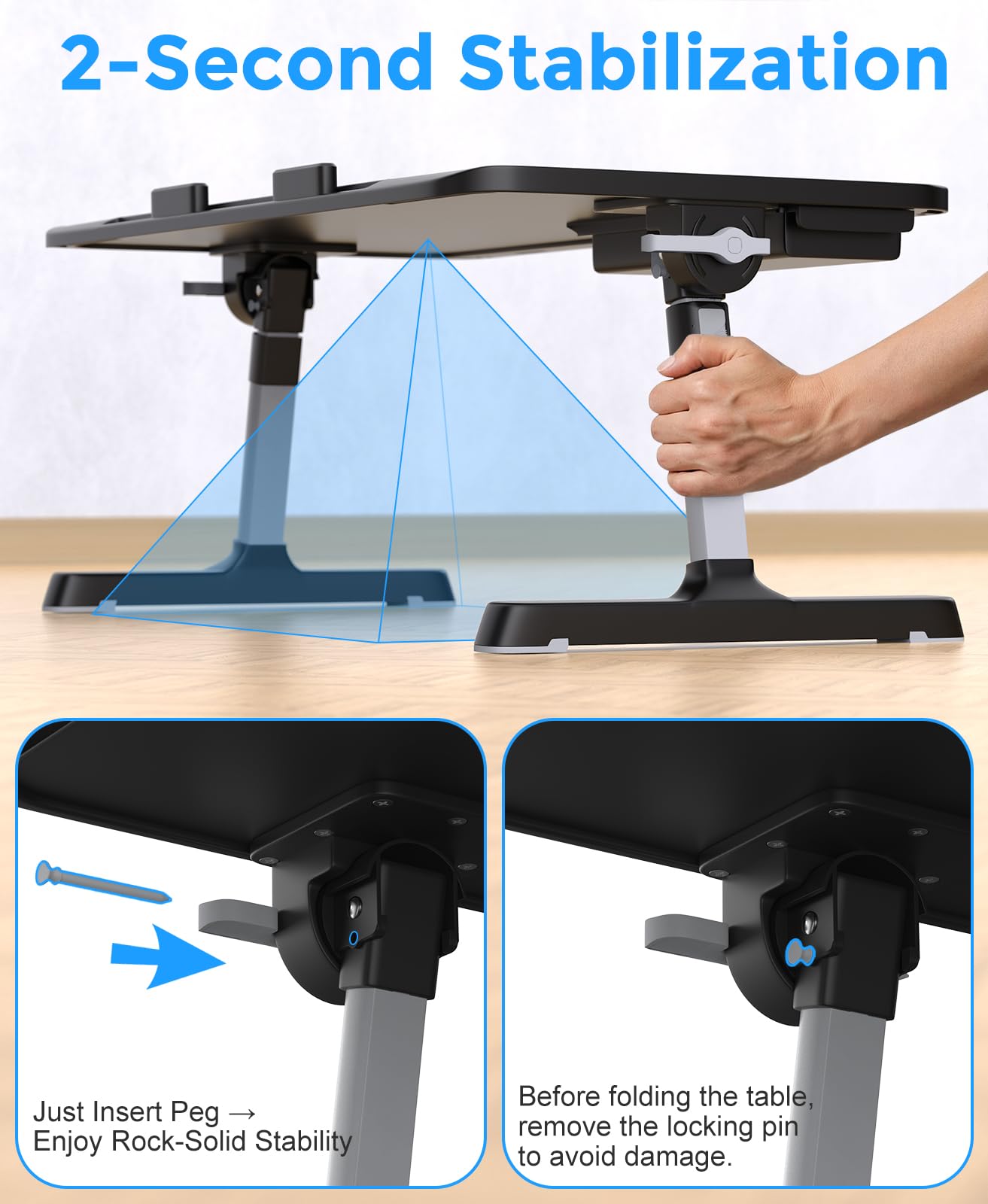 HETTHI Laptop Bed Tray Table, Adjustable Sturdy Laptop Stand for Bed with Premium Materials, Folding Portable Lap Desk with Drawer for Writing Working Reading Eating Couch Floor (Black, 22.04"×12.2")