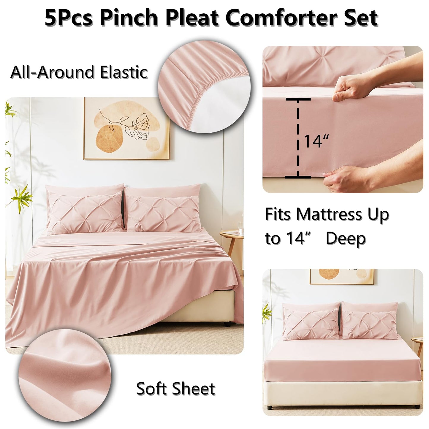 CozyLux Twin Comforter Set with Sheets Peach Pink, 5 Pieces Pintuck Bed in A Bag, All Season Bed Set Gift for Girls and Boys, Pinch Pleat Bedding Set with Comforter, Sheets, Pillowcase & Sham