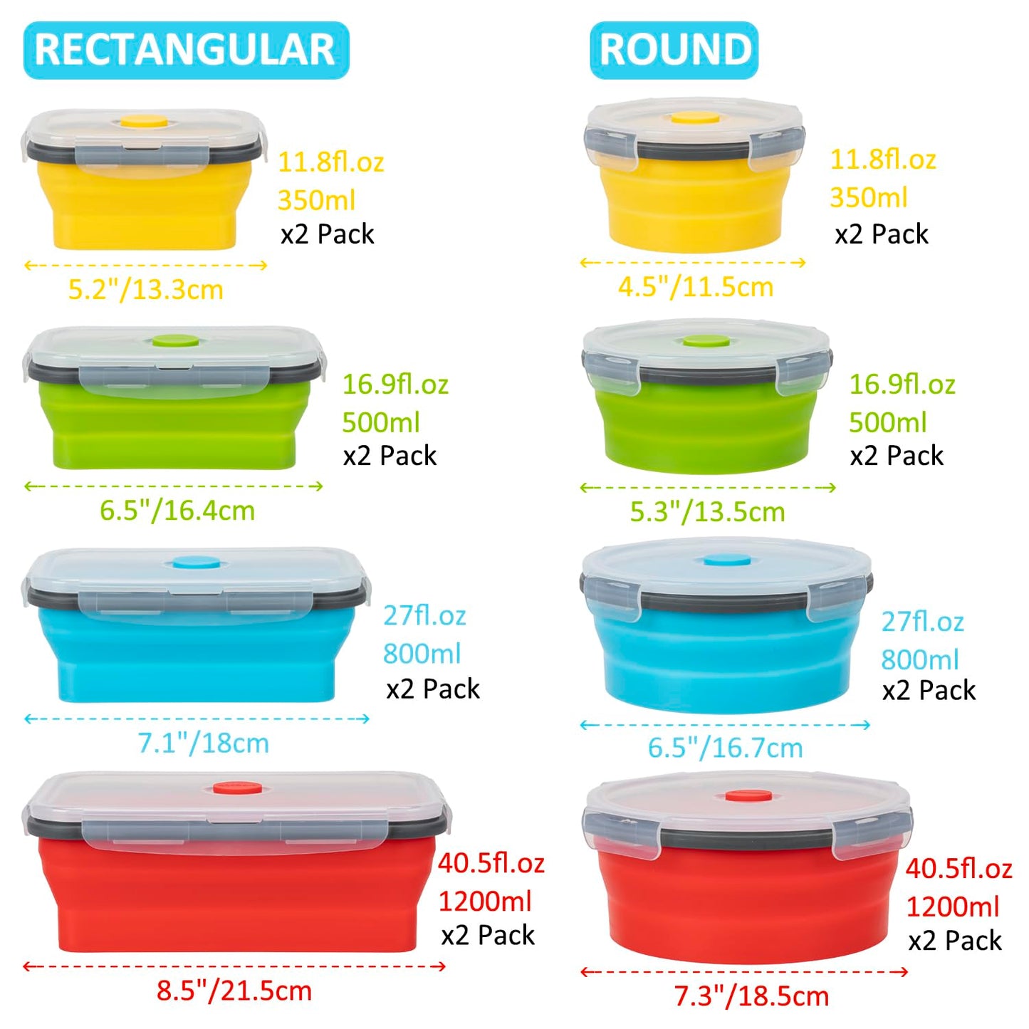 Collapsible Food Storage Containers with Lid & Air Vent, 16 Pack, 8 Rectangular + 8 Round, Annaklin Foldable Silicone Lunch Containers Collapsible Bowls Set, Microwave Freezer Dishwasher Safe, 4-Color