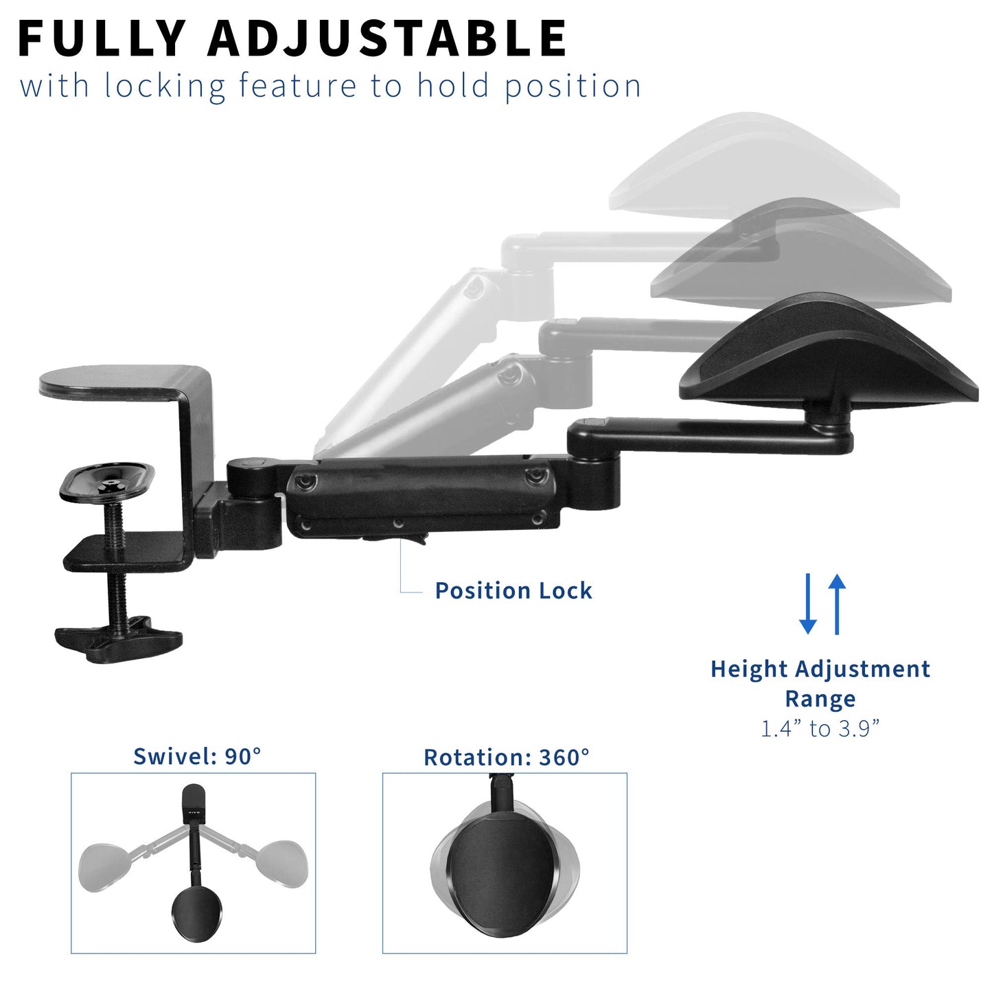VIVO 2 Pack Clamp-on Adjustable Armrests, Universal Desk Cradle 360° Rotating Elbow Platform, Arm Support Steel Base Table Extension, Black, MOUNT-ARM02P
