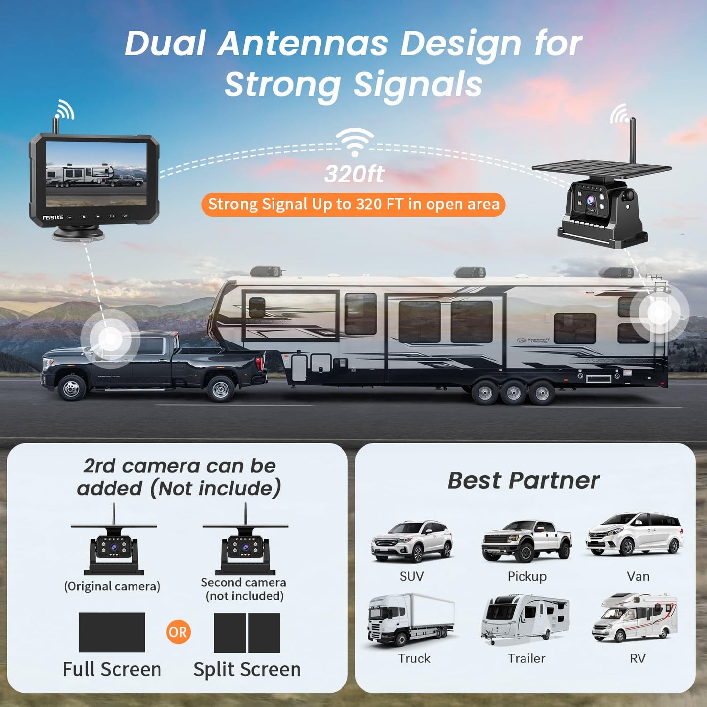 Magnetic Solar Wireless Backup Camera for Truck, 5 Inch No-Drill Installation RV Backup Camera, 1080P Rear View Camera 150° Wide Angle, 24hrs Battery Life, 2.4Hz Signal, Night Vision, RVs, Trailers