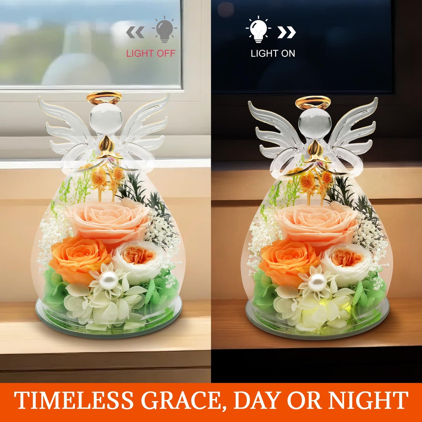 Gifts for Mom Women, Preserved Rose in Glass Angel Figurine, Forever Flowers Birthday Gifts for Her, Mothers Day Anniversary Valentines Gifts for Grandma Wife Daughter Girlfriend, Real Rose Home Decor