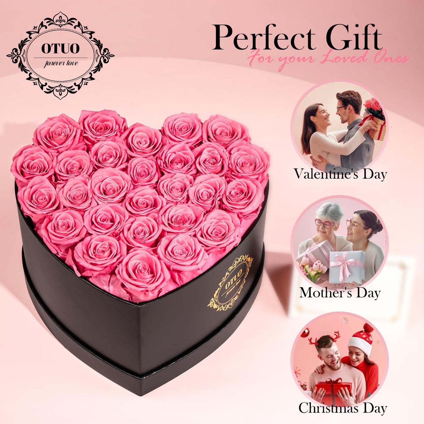 Otuo 27 Preserved Roses in Heart-Shaped Box, Flowers for Delivery Prime Last up 2 Years, Real Forever Flowers for Wife, Girlfriend, Mother, Eternal Roses for Anniversary - Pink