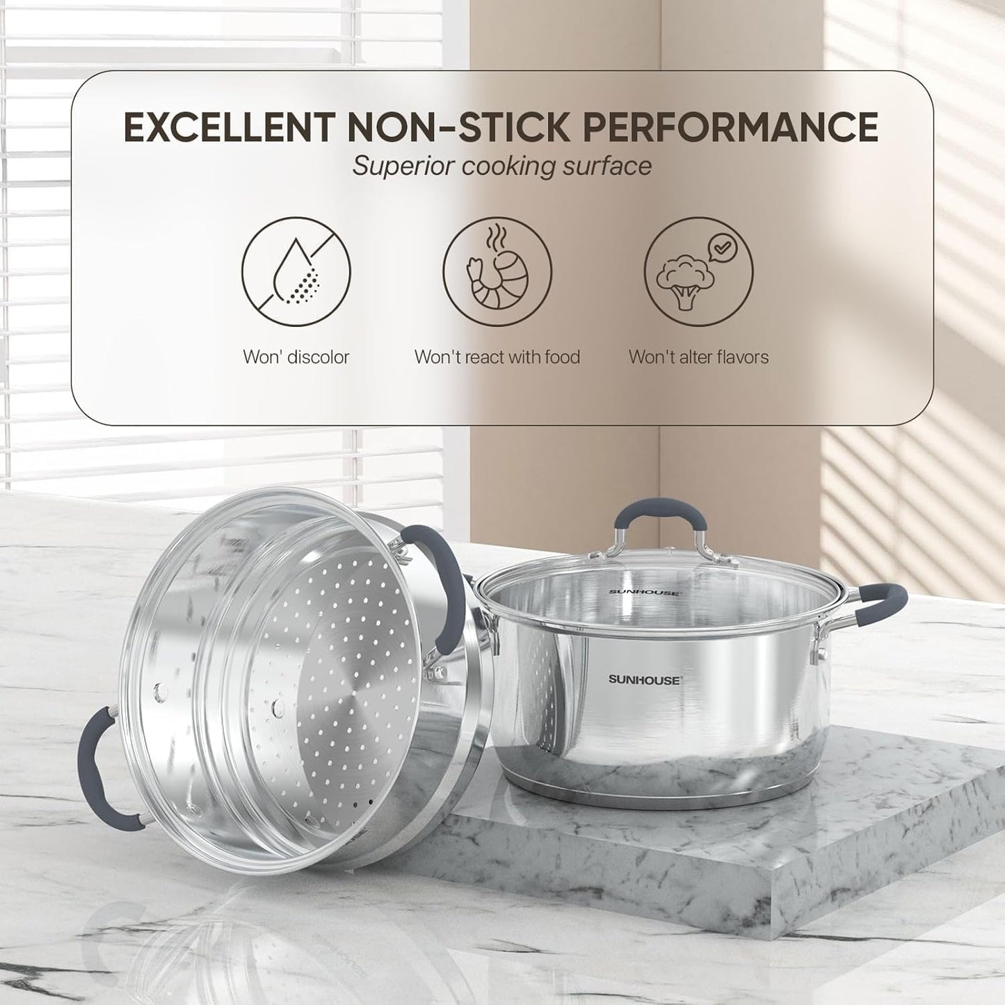 SUNHOUSE Stainless Steel Steamer Pot for Cooking - 3.1 QT Steaming Pot with Glass Lid & Steamer Basket - 2 Tier Tri-ply Vegetable Steamer with Stay-Cool Silicone Handles - Induction Compatible
