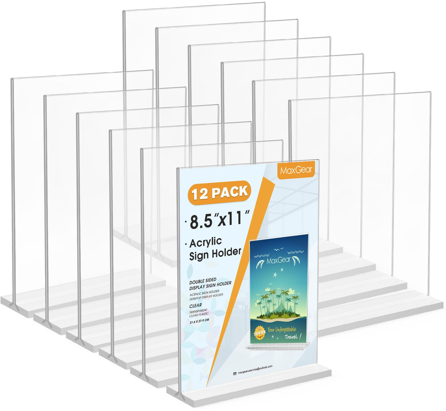 MaxGear 8.5x11 Acrylic Sign Holder 12 Pack, Clear Table Menu Display Stand Plastic Document Paper Holder Double Sided T Shape Sign Frame for Store, Restaurant, Hotels, Office