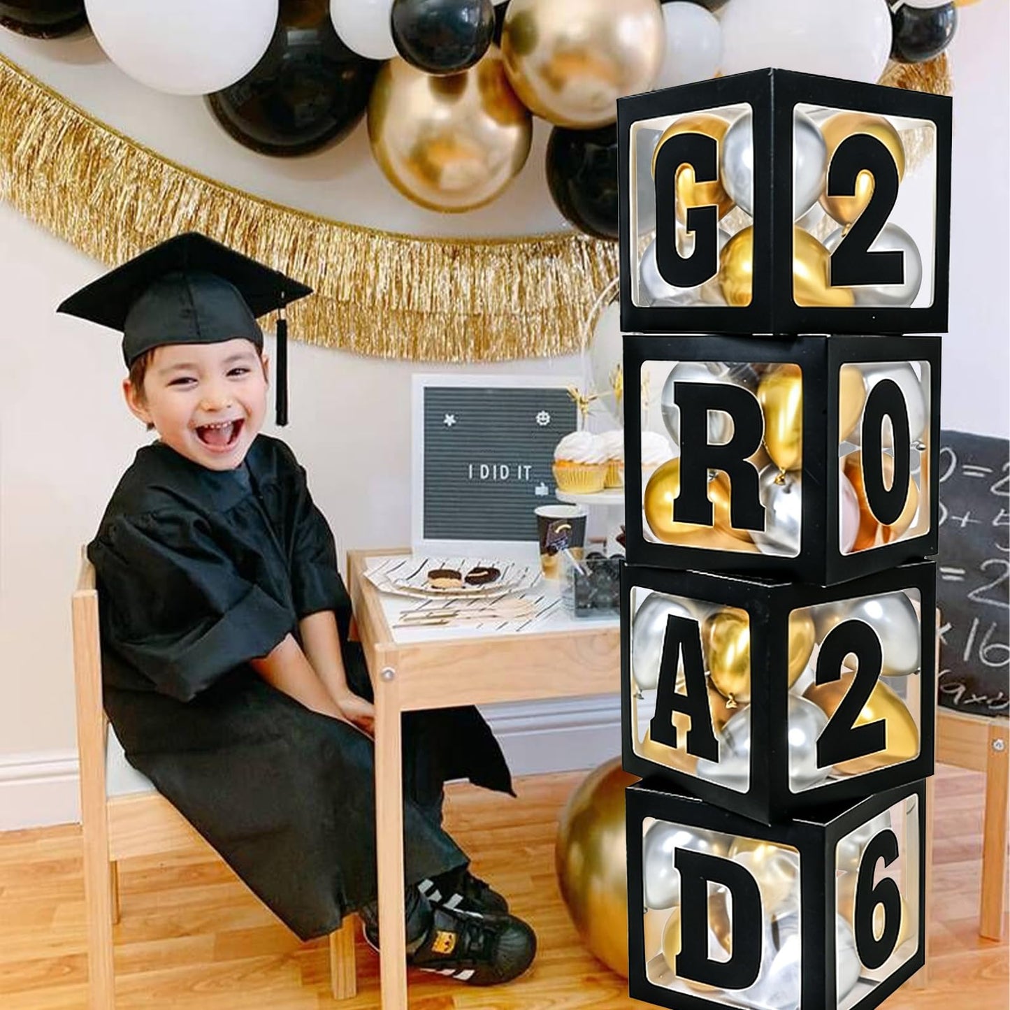 2026 Graduation Decorations - 4Pcs Black Balloon Boxes with Letters 2026&Grad for Preschool Kindergarten Middle High School College Graduation Party Decorations Class of 2026