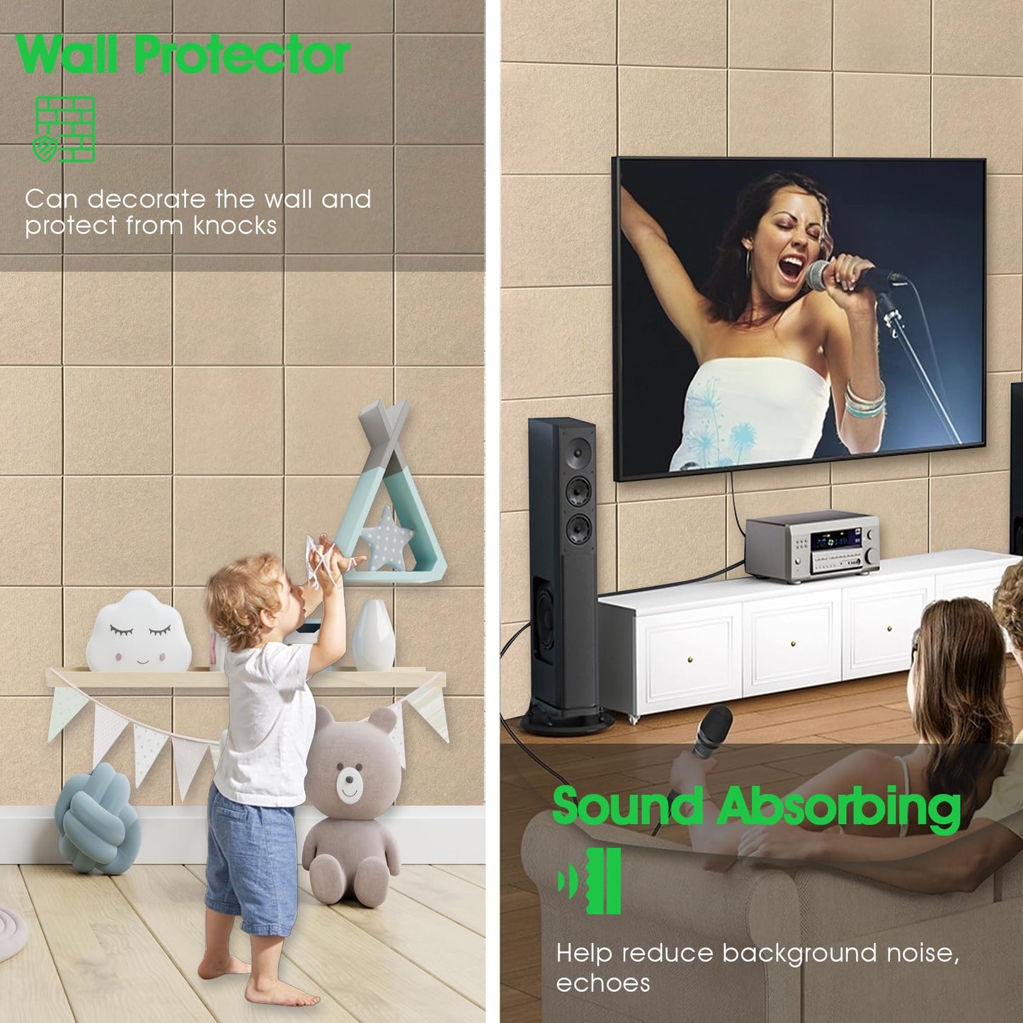 Large Cork Board for Office Wall Decor, 48"x36"- 12 Pack Felt Wall Tiles with Safe Removable Adhesive Tabs, 1/2" Thick, Felt Bulletin Board Pin Board Cork Boards for Walls - Tan