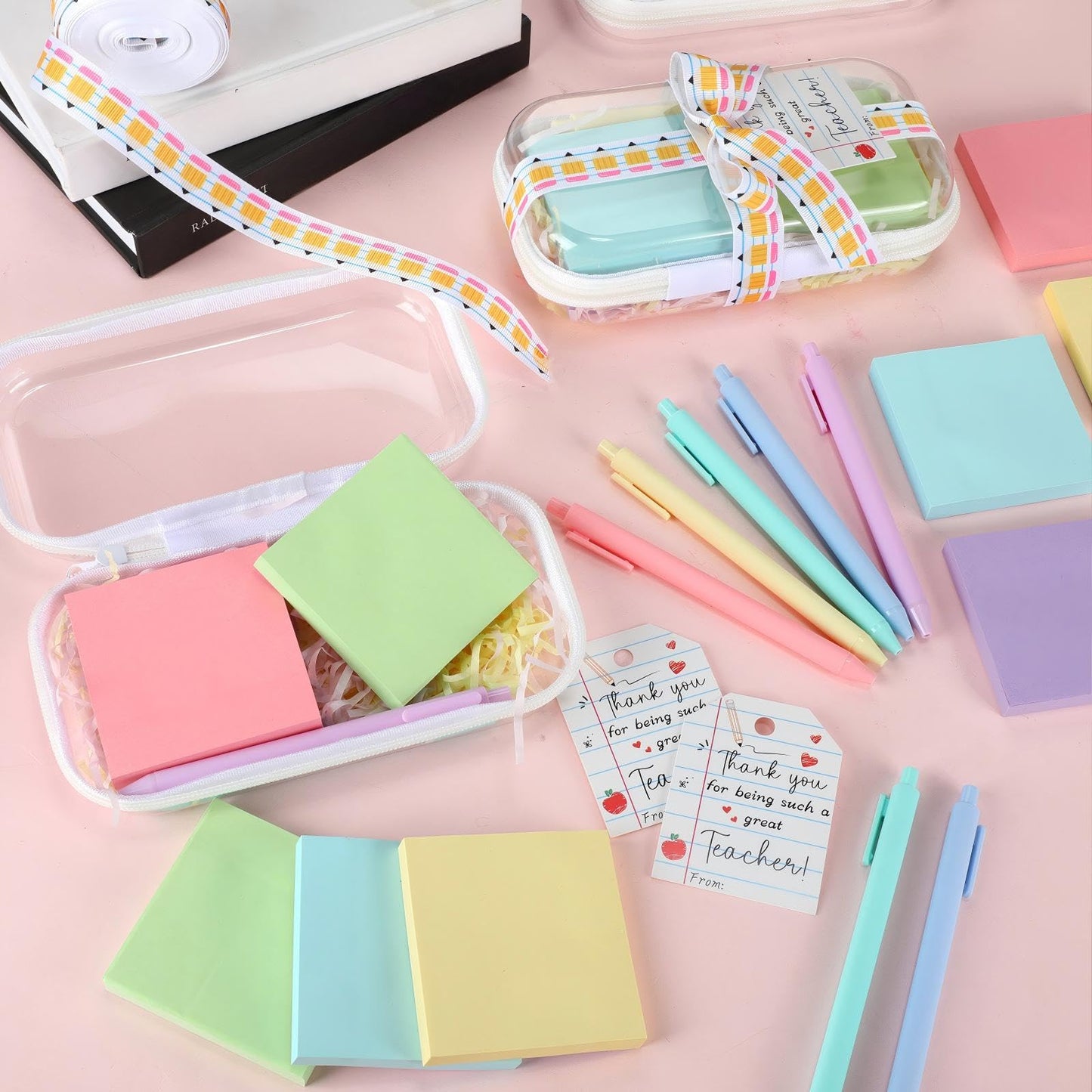Motiskyy 6 Sets/75 Pcs End of Year Teacher Gifts Bulk Set Clear Hard Case Zipper Pouch Pastel Ballpoint Pens & Sticky Notes Pink and Yellow Raffia Adorable Printed Pencil Ribbons with Thank You Cards