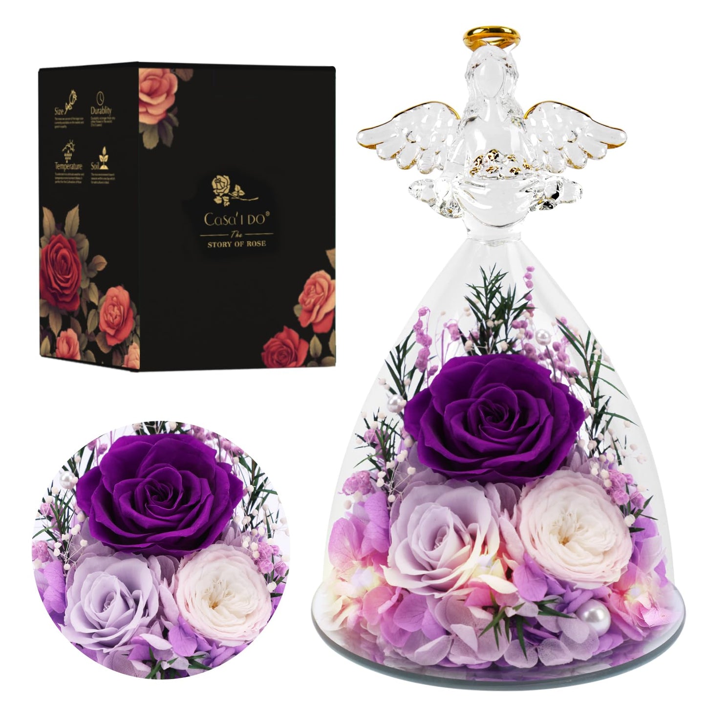 Casaido Mothers Day Rose Gifts for Women, 7" Purple Preserved Roses Flowers in Glass Angel Figurine, Birthday Gift for Mom Wife Grandma, Eternal Rose for Valentines Christmas Anniversary