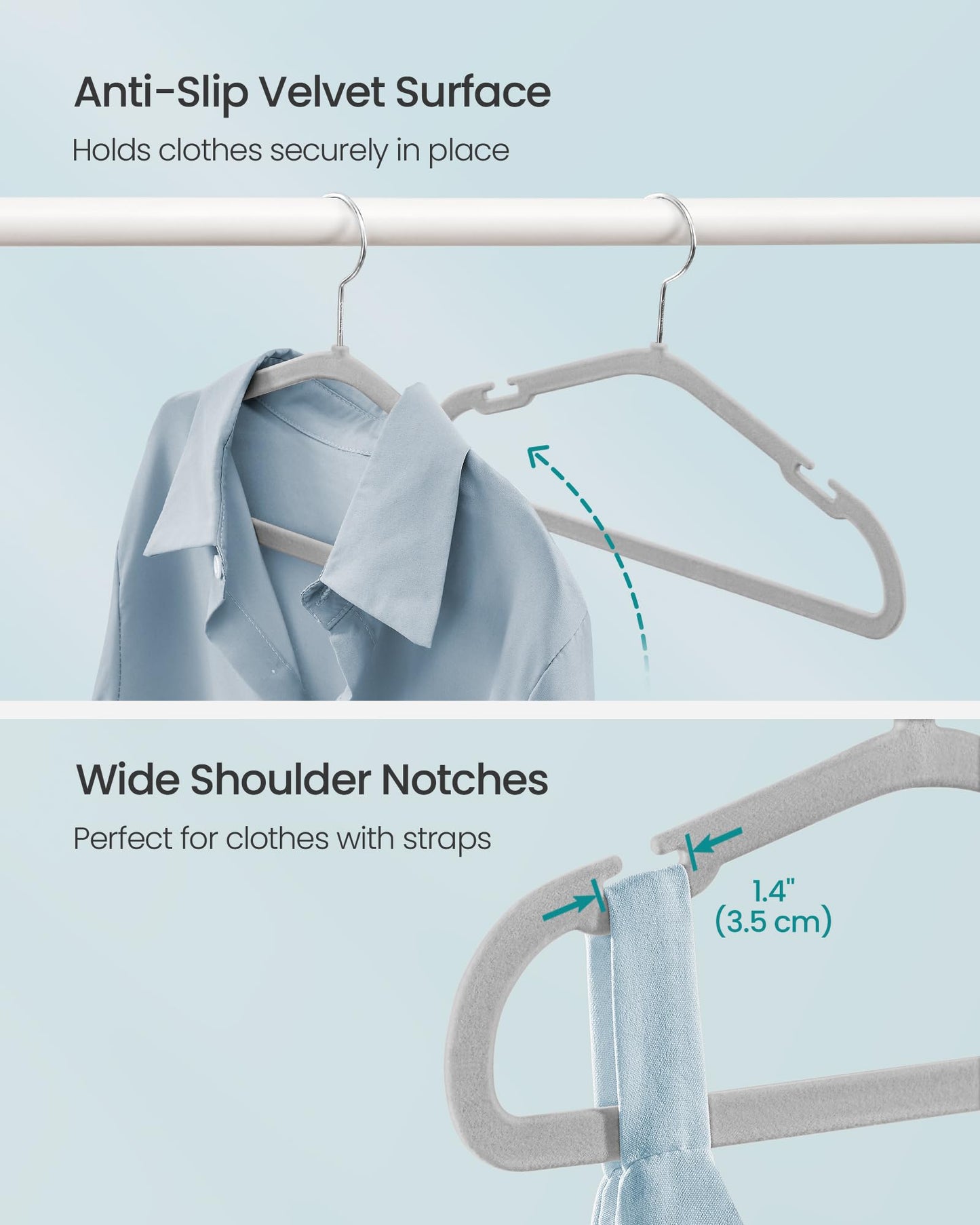SONGMICS Kids Hangers 50 Pack, 14 x 8 Inches, Non-Slip Velvet Baby Hangers for Closet, Space-Saving, Wide Shoulder Notches, Dove Gray UCRF038G01