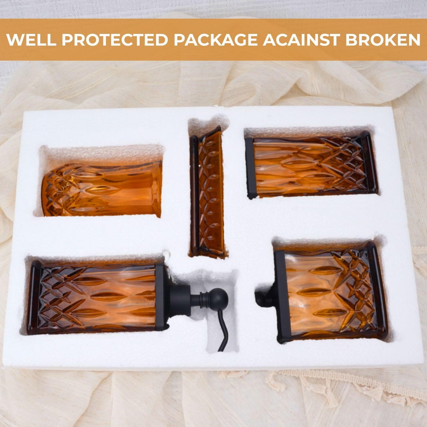 Bathroom Accessories Set,5 Pcs Amber Glass Bathroom Accessory Set,Complete Lotion Soap Dispenser,Toothbrush Holder,Soap Dish,Tumbler & Jar,Modern Bathroom Decor Sets Gift,Square