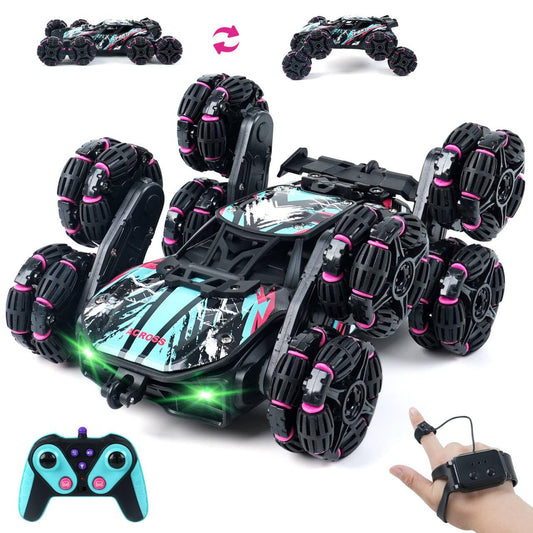 MagicKidz 8 Wheels Gesture Sensing Car for Kids Ages 5 6 7 8 9 10 11 12 - Birthday Gifts for Boys 5-7 8-12 Years Old, 2.4GHz Off-Road Remote Control Stunt Toy with Spray & LED Lights, 360-Degree Flips