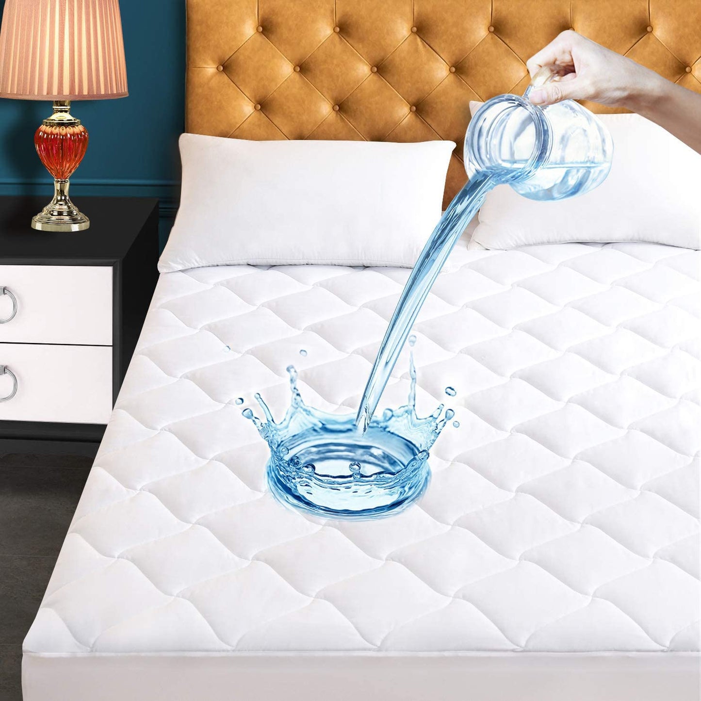 King Size Quilted Fitted Mattress Pad, Waterproof Breathable Cooling Mattress Protector, Stretches up to 21 Inches Deep Pocket Hollow Cotton Alternative Filling Noiseless Mattress Cover