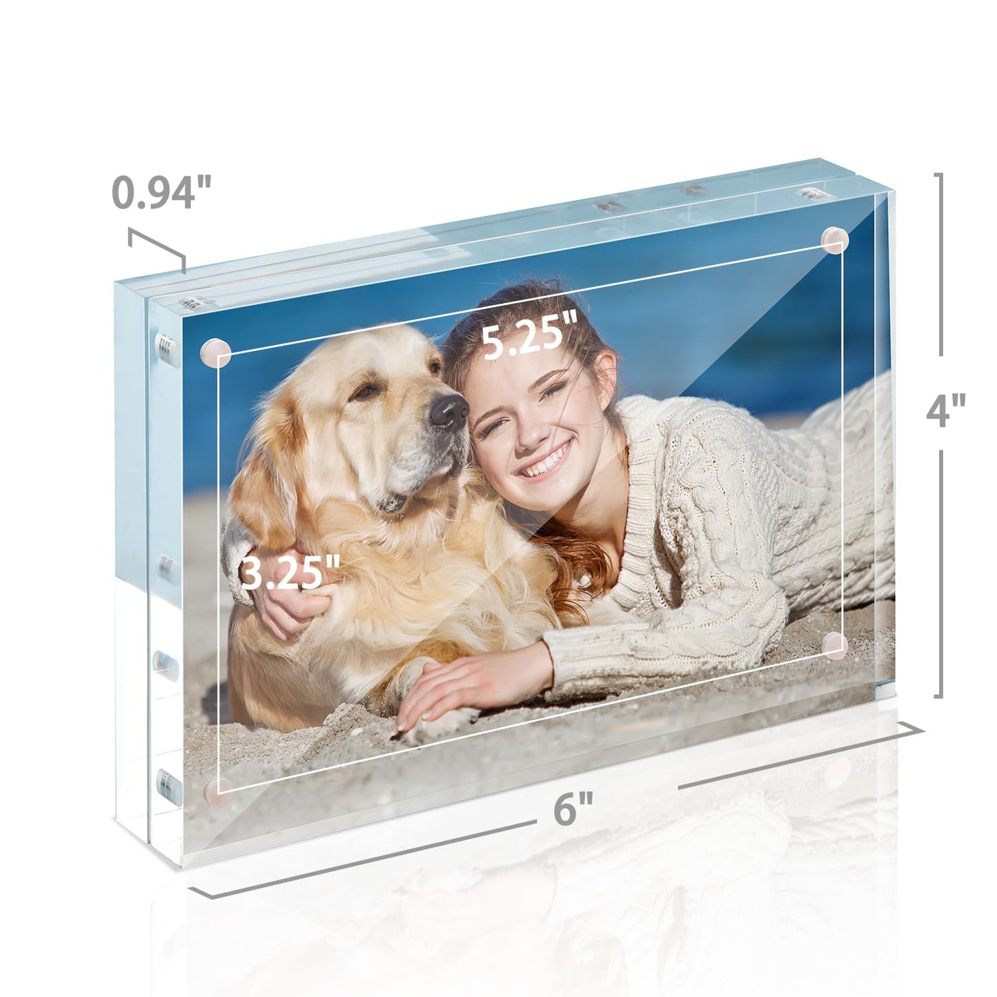 TWING 5 Pack 4 x 6 Acrylic Frame, Horizontal Magnet Double Sided 4x6 Picture Frame,12+12MM Thick Clear Frameless Desktop Display Self Standing Magnetic Acrylic Block Photo Frame