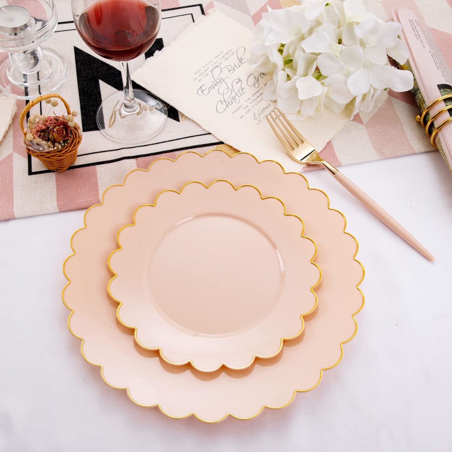 LIYH 60 Pcs Pink Plastic Plates with Gold Pink Plates Disposable Plate Set Includes 30 Dinner 10.25" and 30 Dessert Plate 7.5" for Baby Shower,Weddings,Parties,Birthday