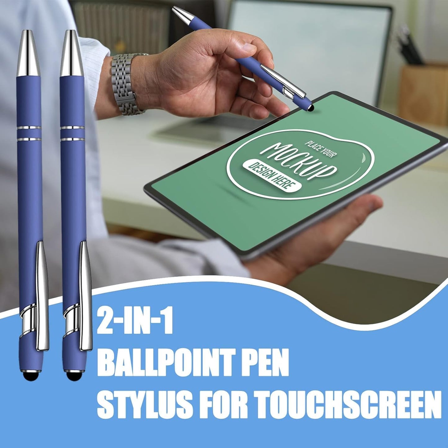 100 Pcs Ballpoint Pen with Stylus 2 in 1 Ballpoint Pen for Touch Screens, 2 in 1 Thank You Pen Gift for Colleagues, Coworker, Office (Navy Blue)